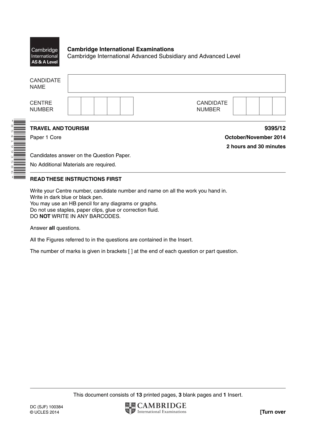 Cambridge A Level Travel and Tourism 9395 2014 Oct/Nov Paper 1 · Variant 2 question paper, page 1 of 16