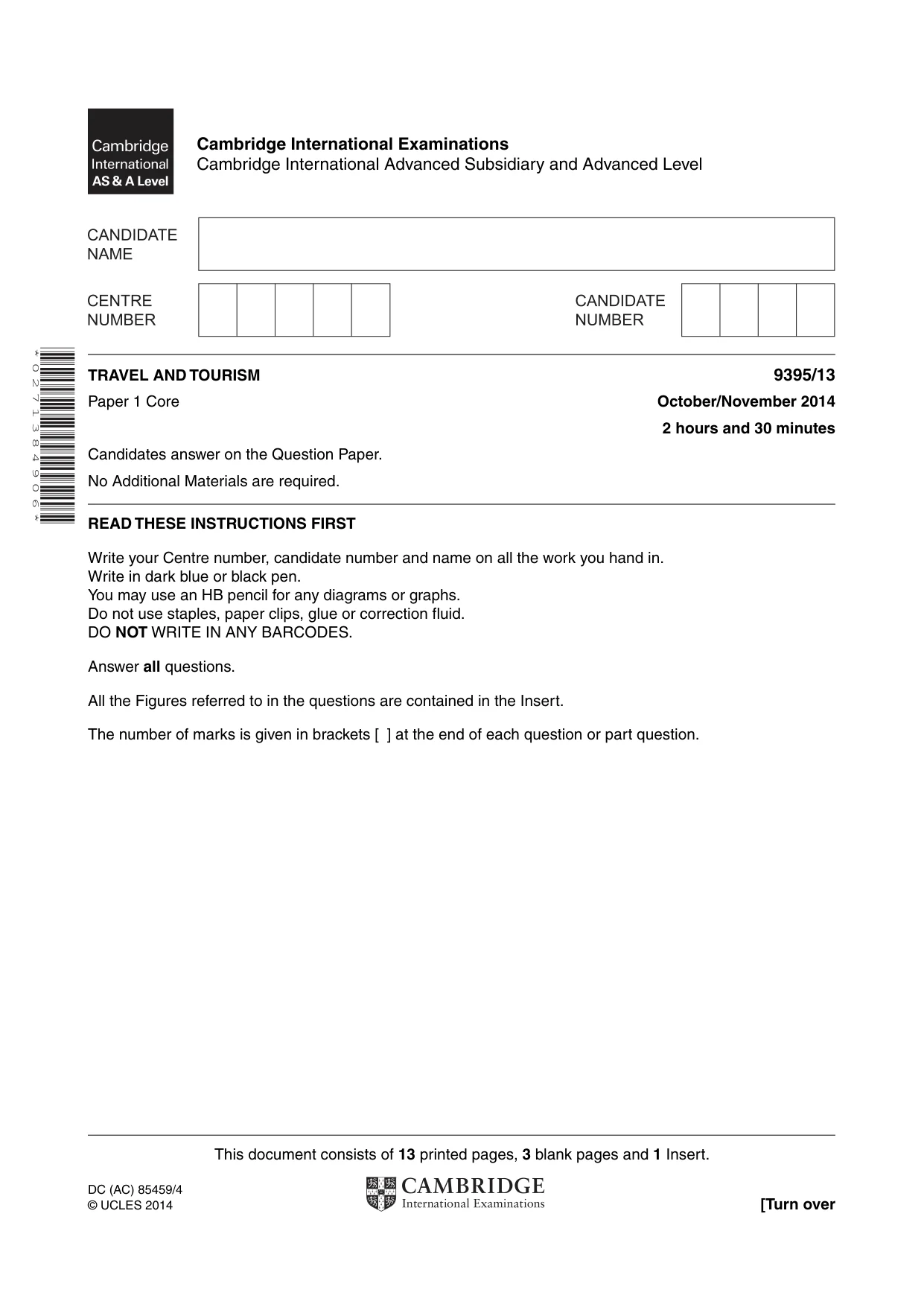 Cambridge A Level Travel and Tourism 9395 2014 Oct/Nov Paper 1 · Variant 3 question paper, page 1 of 16