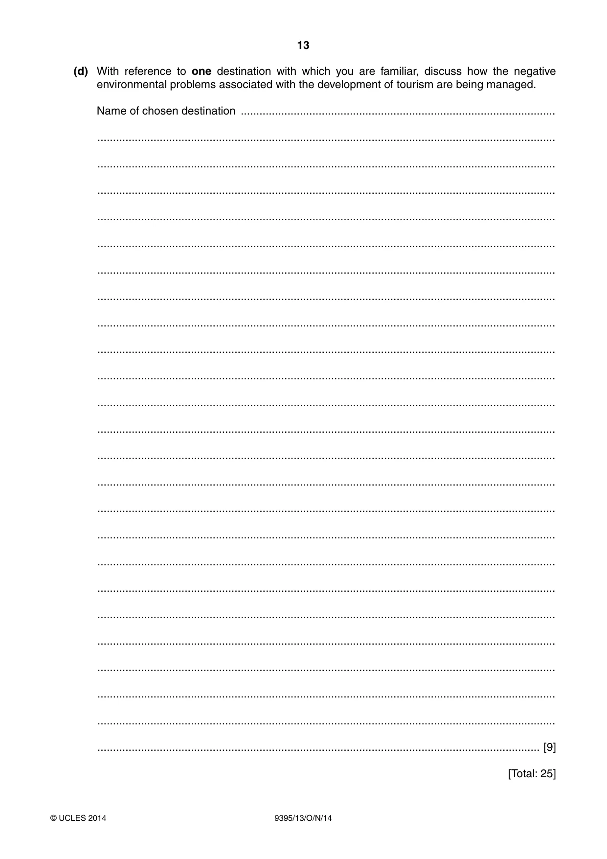 Cambridge A Level Travel and Tourism 9395 2014 Oct/Nov Paper 1 · Variant 3 question paper, page 13 of 16