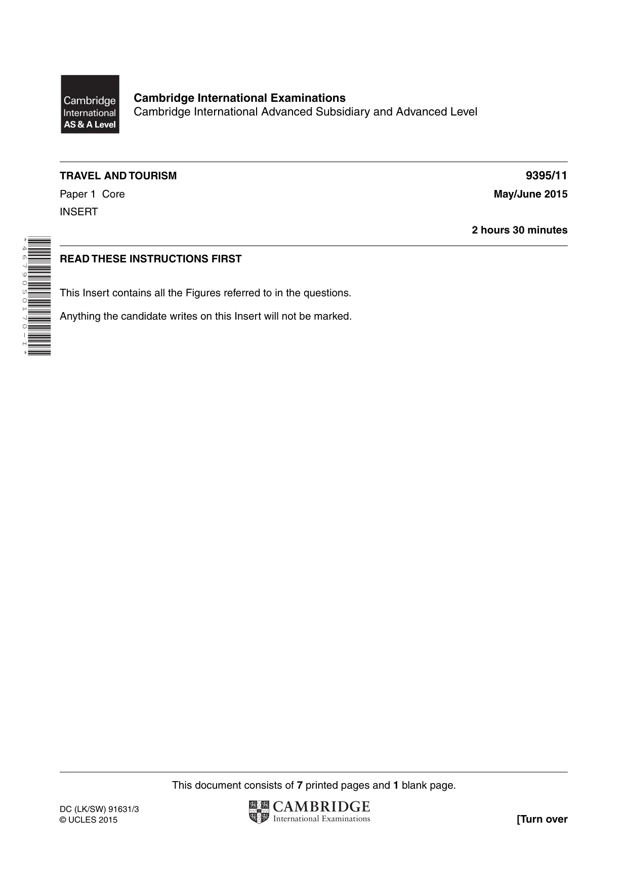 Cambridge A Level Travel and Tourism 9395 2015 May/June Paper 1 · Variant 1 question paper, page 1 of 8