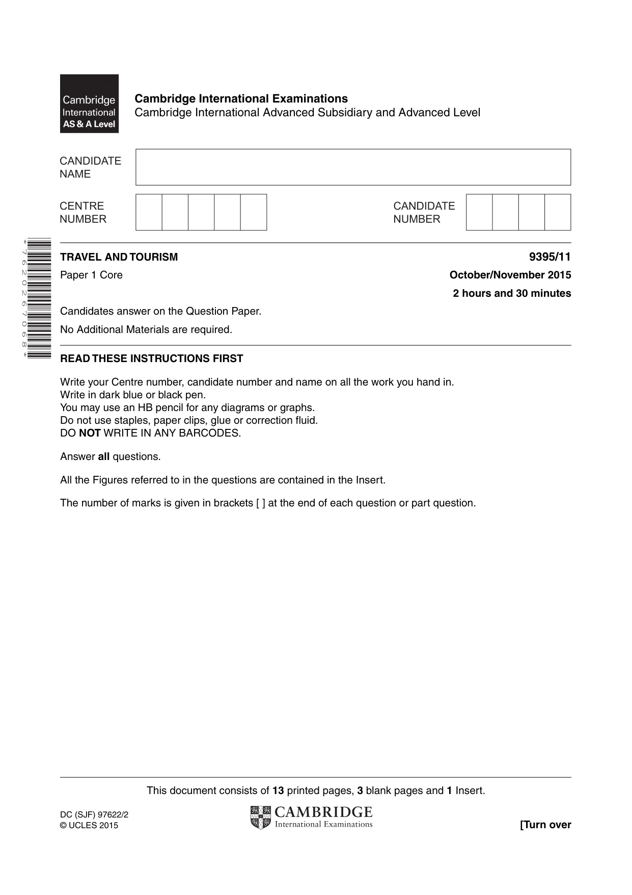 Cambridge A Level Travel and Tourism 9395 2015 Oct/Nov Paper 1 · Variant 1 question paper, page 1 of 16