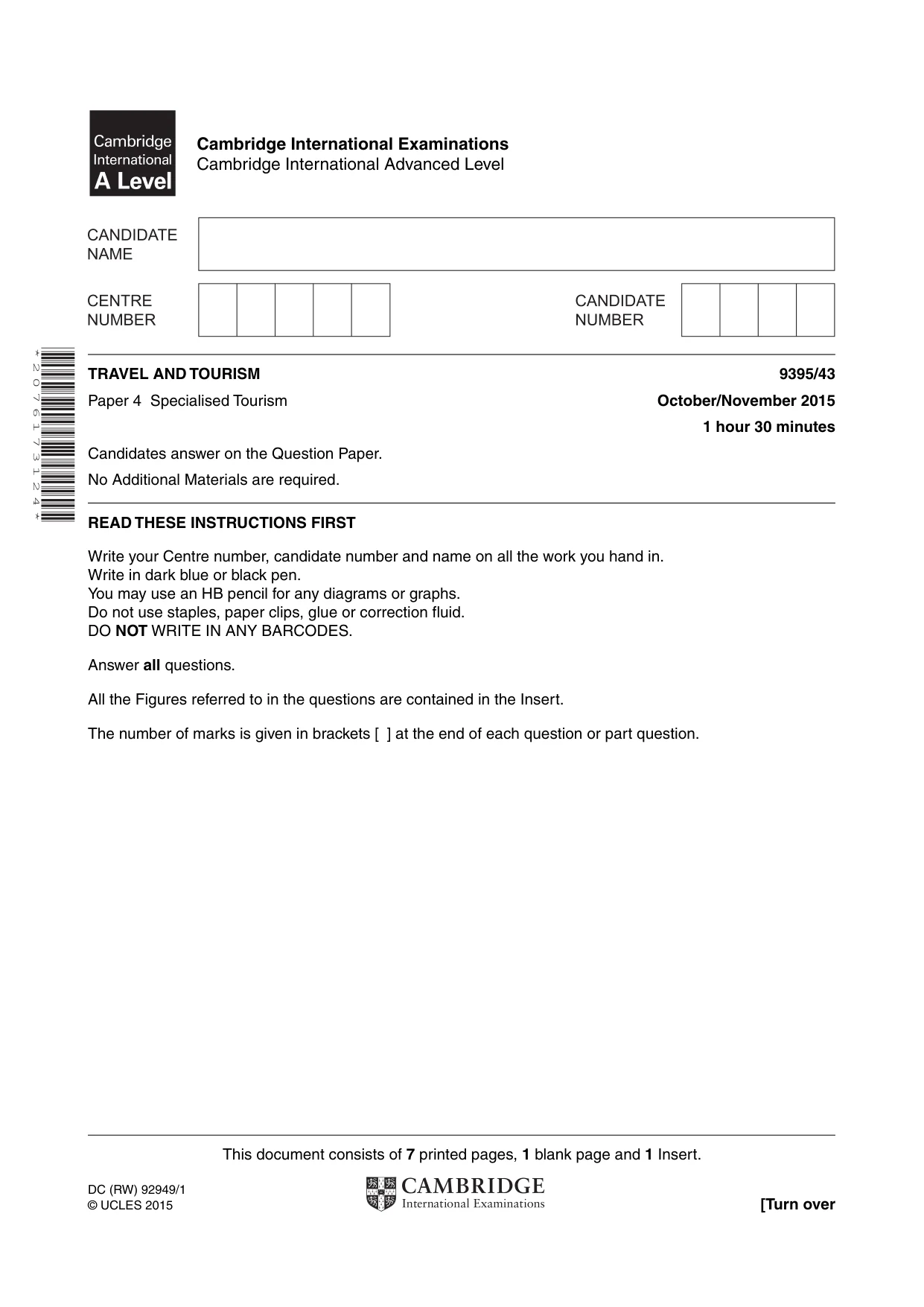 Cambridge A Level Travel and Tourism 9395 2015 Oct/Nov Paper 4 · Variant 3 question paper, page 1 of 8