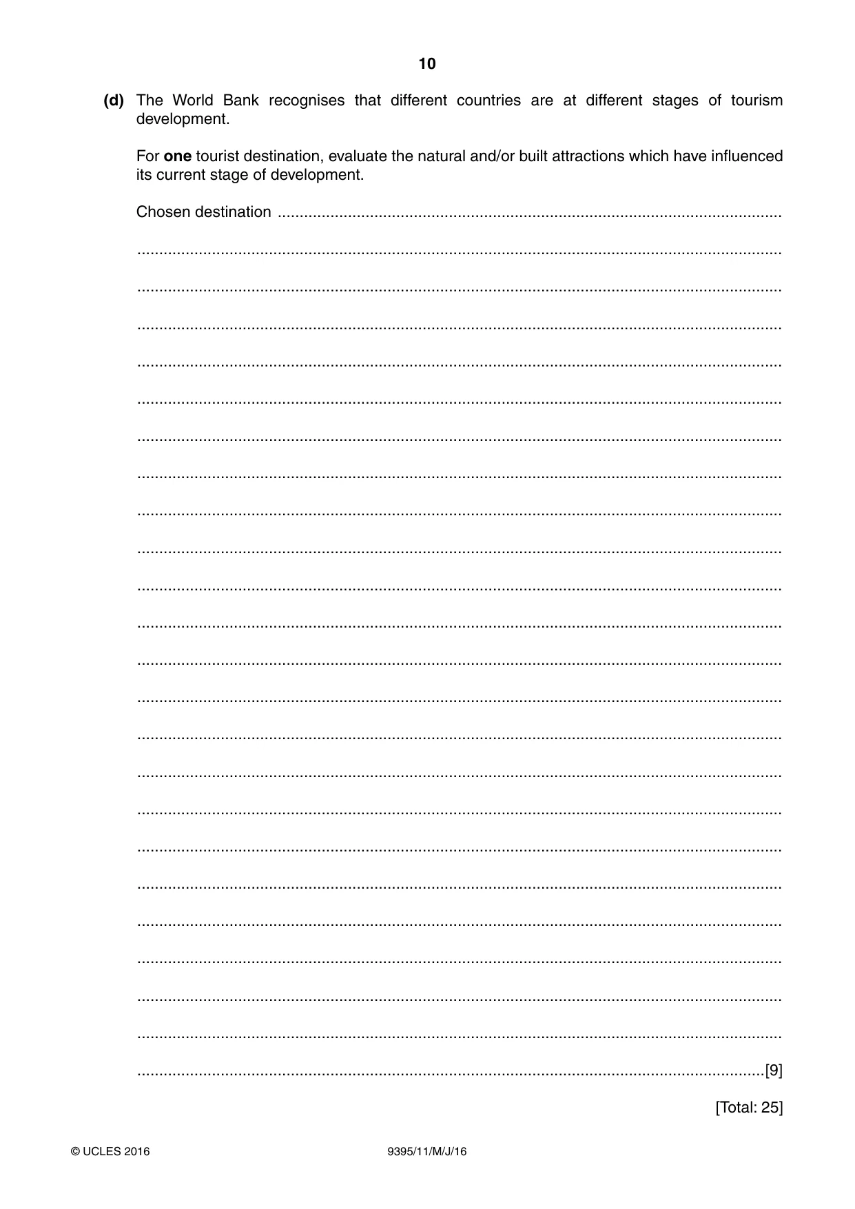 Cambridge A Level Travel and Tourism 9395 2016 May/June Paper 1 · Variant 1 question paper, page 10 of 16