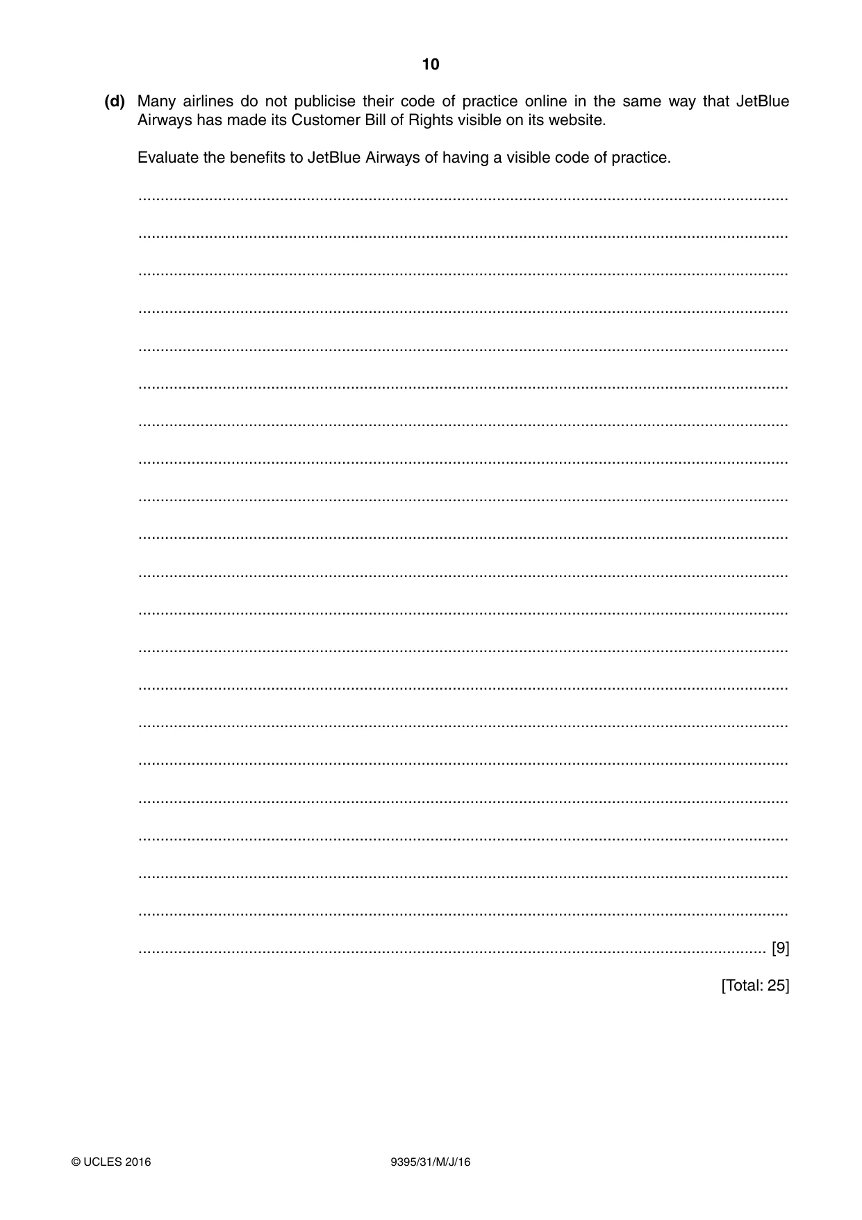 Cambridge A Level Travel and Tourism 9395 2016 May/June Paper 3 · Variant 1 question paper, page 10 of 16