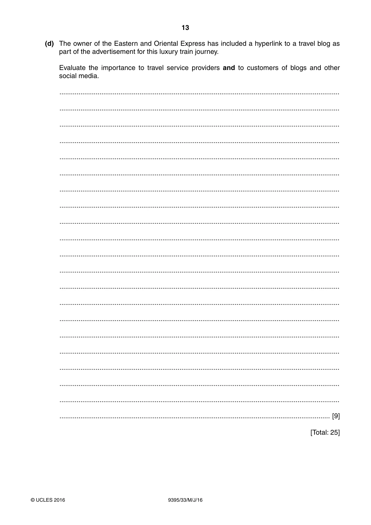 Cambridge A Level Travel and Tourism 9395 2016 May/June Paper 3 · Variant 3 question paper, page 13 of 16