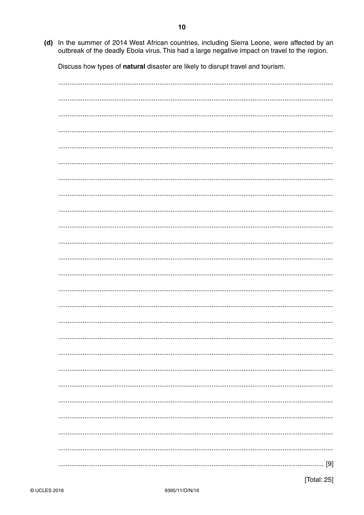Cambridge A Level Travel and Tourism 9395 2016 Oct/Nov Paper 1 · Variant 1 question paper, page 10 of 16