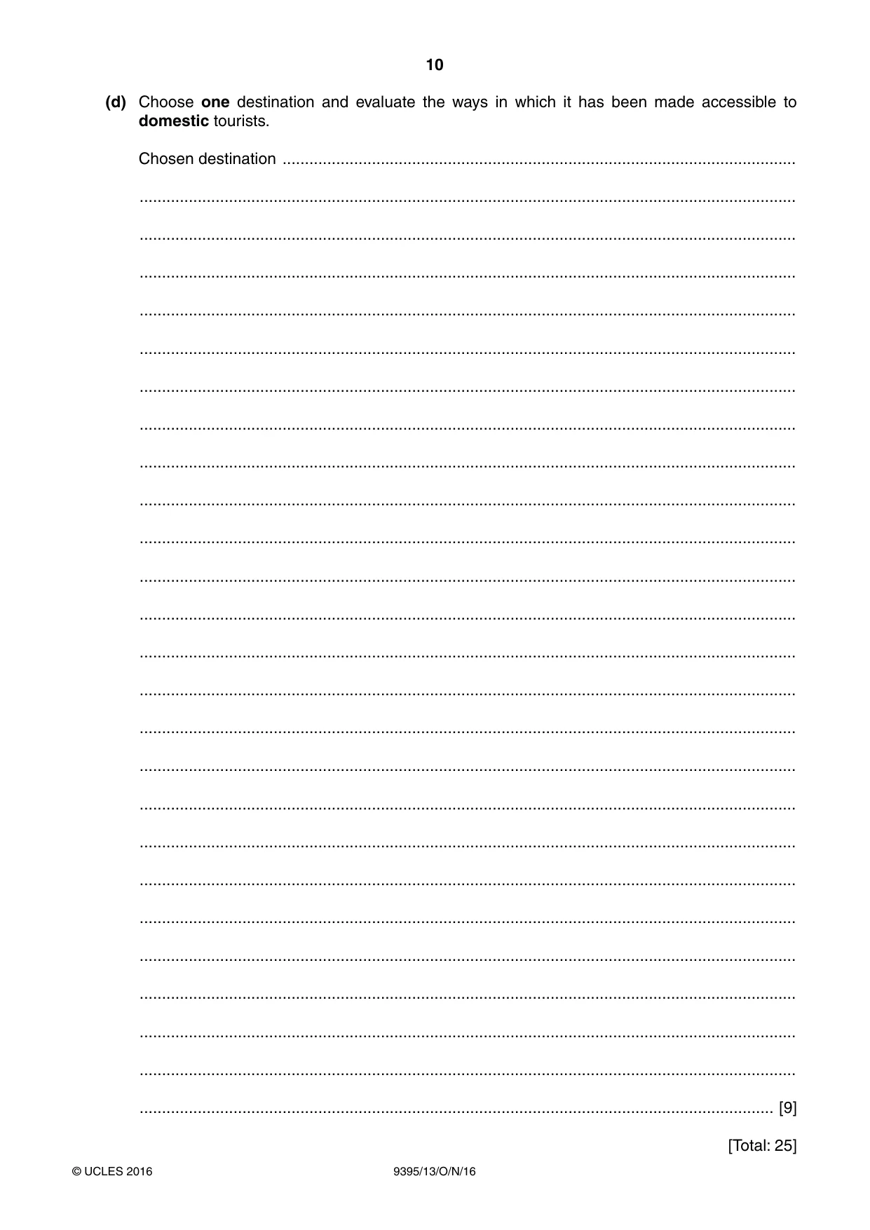 Cambridge A Level Travel and Tourism 9395 2016 Oct/Nov Paper 1 · Variant 3 question paper, page 10 of 16