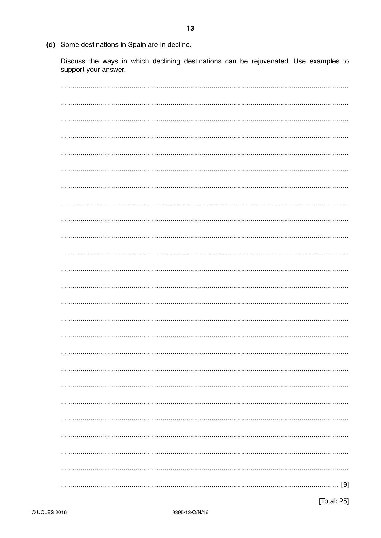 Cambridge A Level Travel and Tourism 9395 2016 Oct/Nov Paper 1 · Variant 3 question paper, page 13 of 16