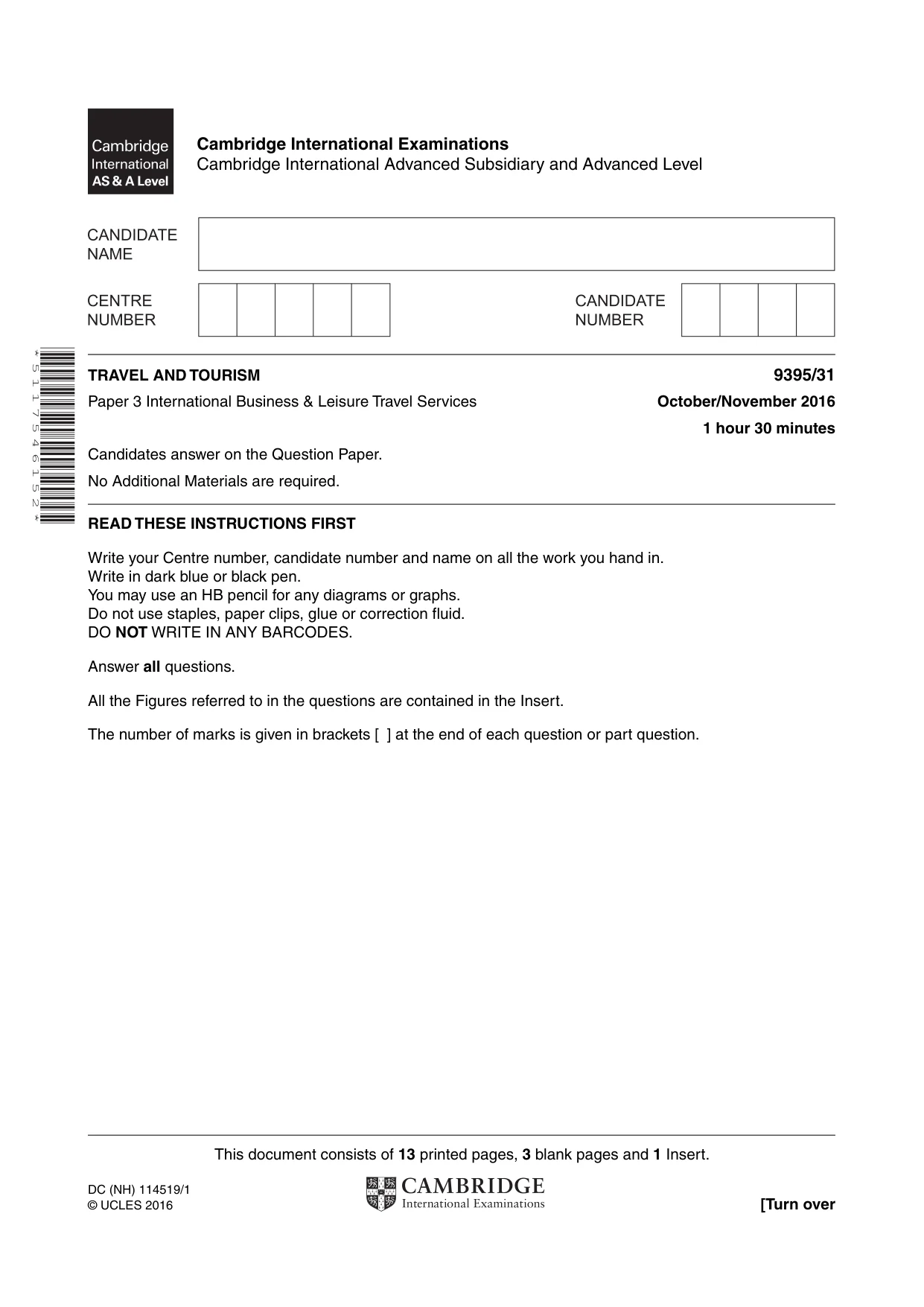 Cambridge A Level Travel and Tourism 9395 2016 Oct/Nov Paper 3 · Variant 1 question paper, page 1 of 16