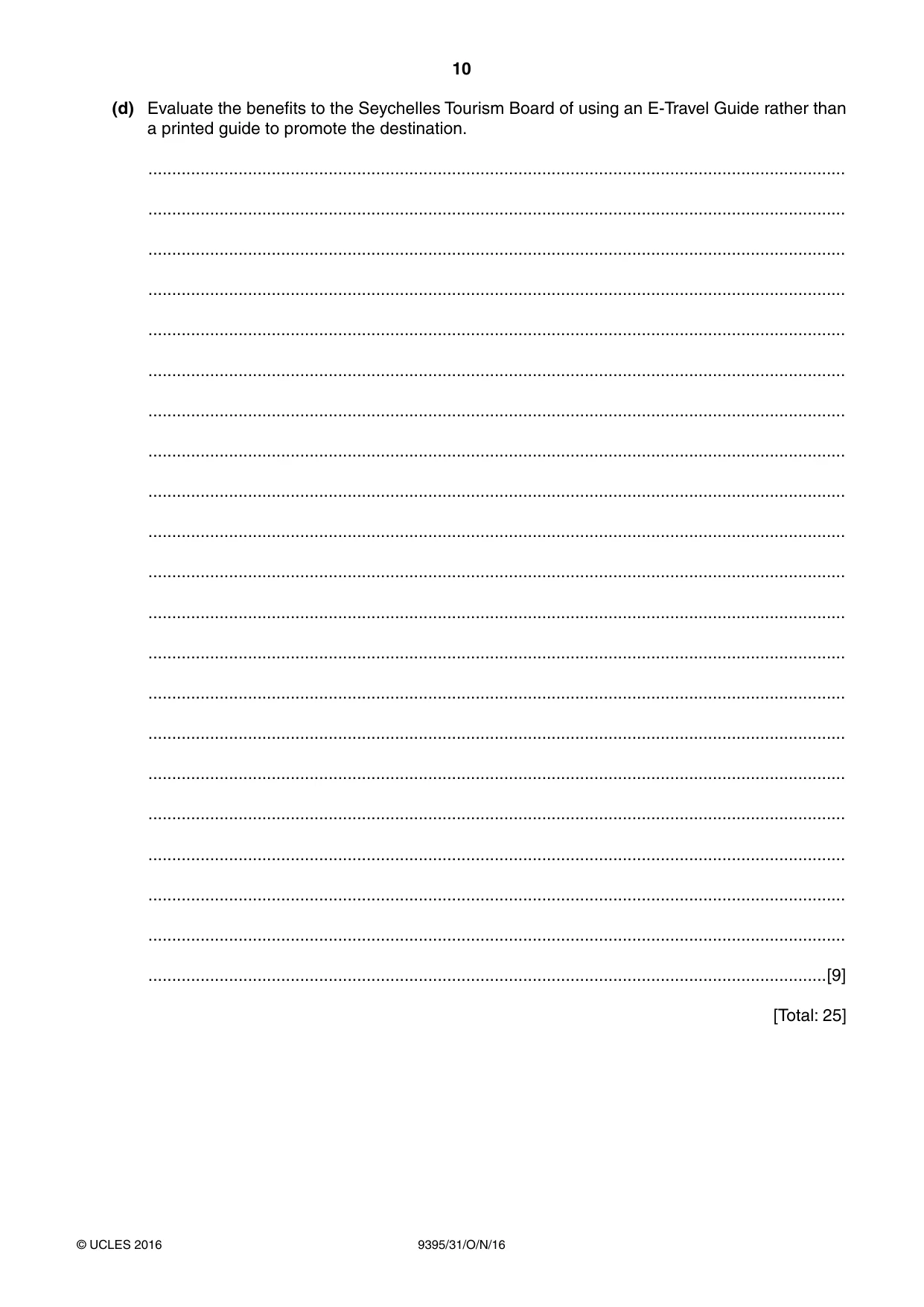 Cambridge A Level Travel and Tourism 9395 2016 Oct/Nov Paper 3 · Variant 1 question paper, page 10 of 16