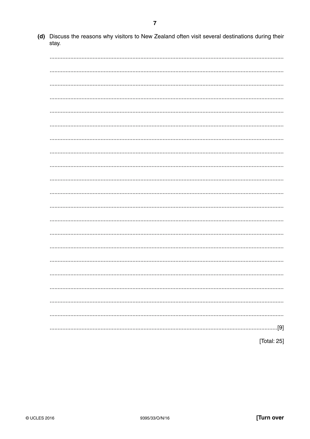 Cambridge A Level Travel and Tourism 9395 2016 Oct/Nov Paper 3 · Variant 3 question paper, page 7 of 16