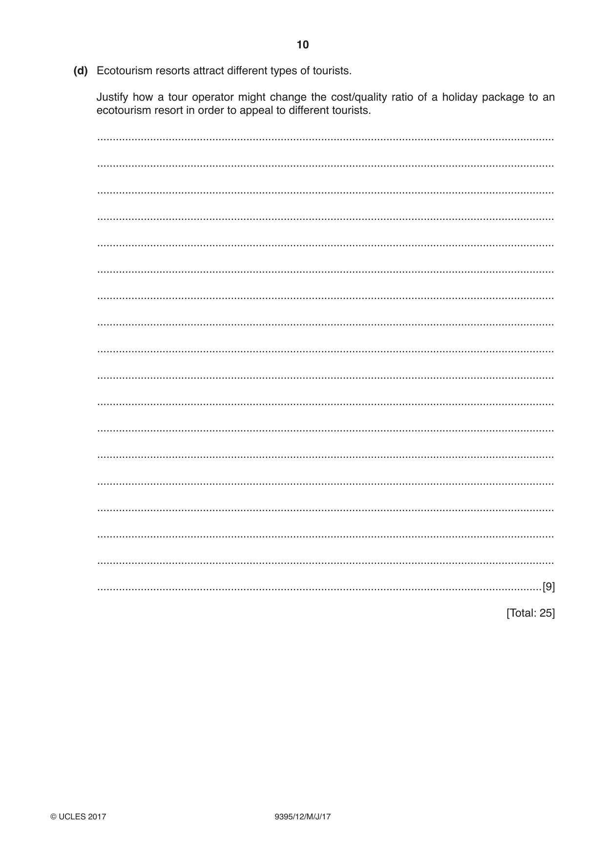 Cambridge A Level Travel and Tourism 9395 2017 May/June Paper 1 · Variant 2 question paper, page 10 of 16