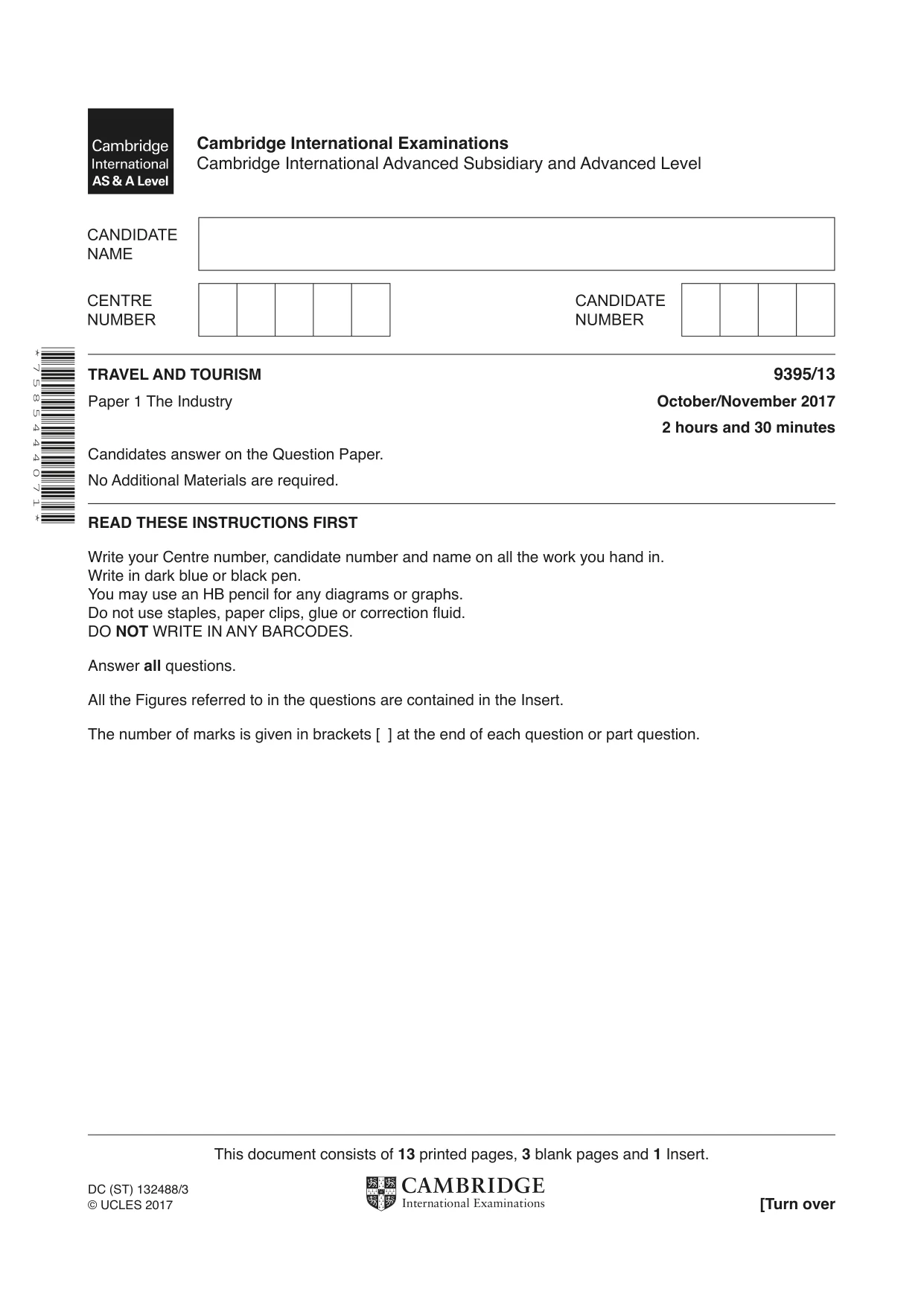Cambridge A Level Travel and Tourism 9395 2017 Oct/Nov Paper 1 · Variant 3 question paper, page 1 of 16