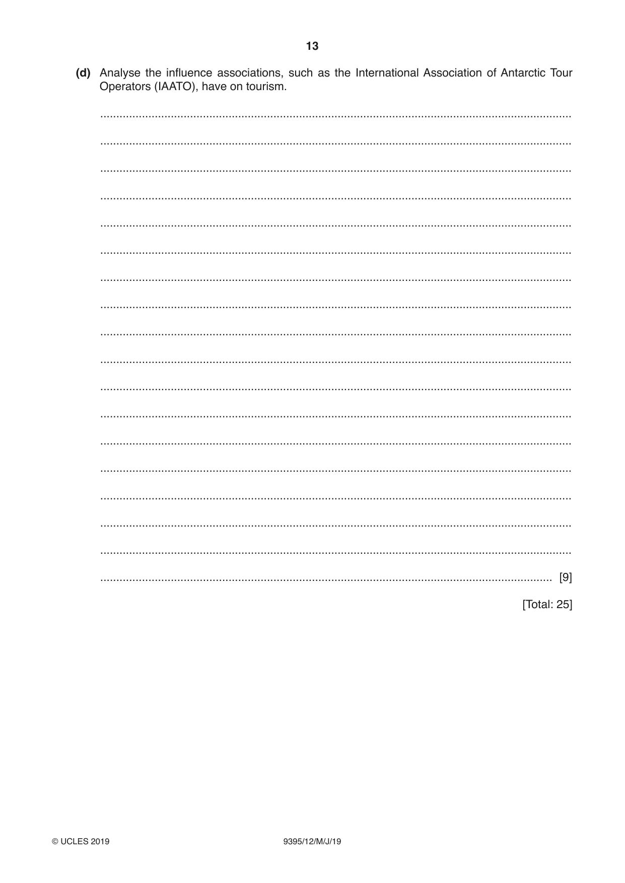 Cambridge A Level Travel and Tourism 9395 2019 May/June Paper 1 · Variant 2 question paper, page 13 of 16