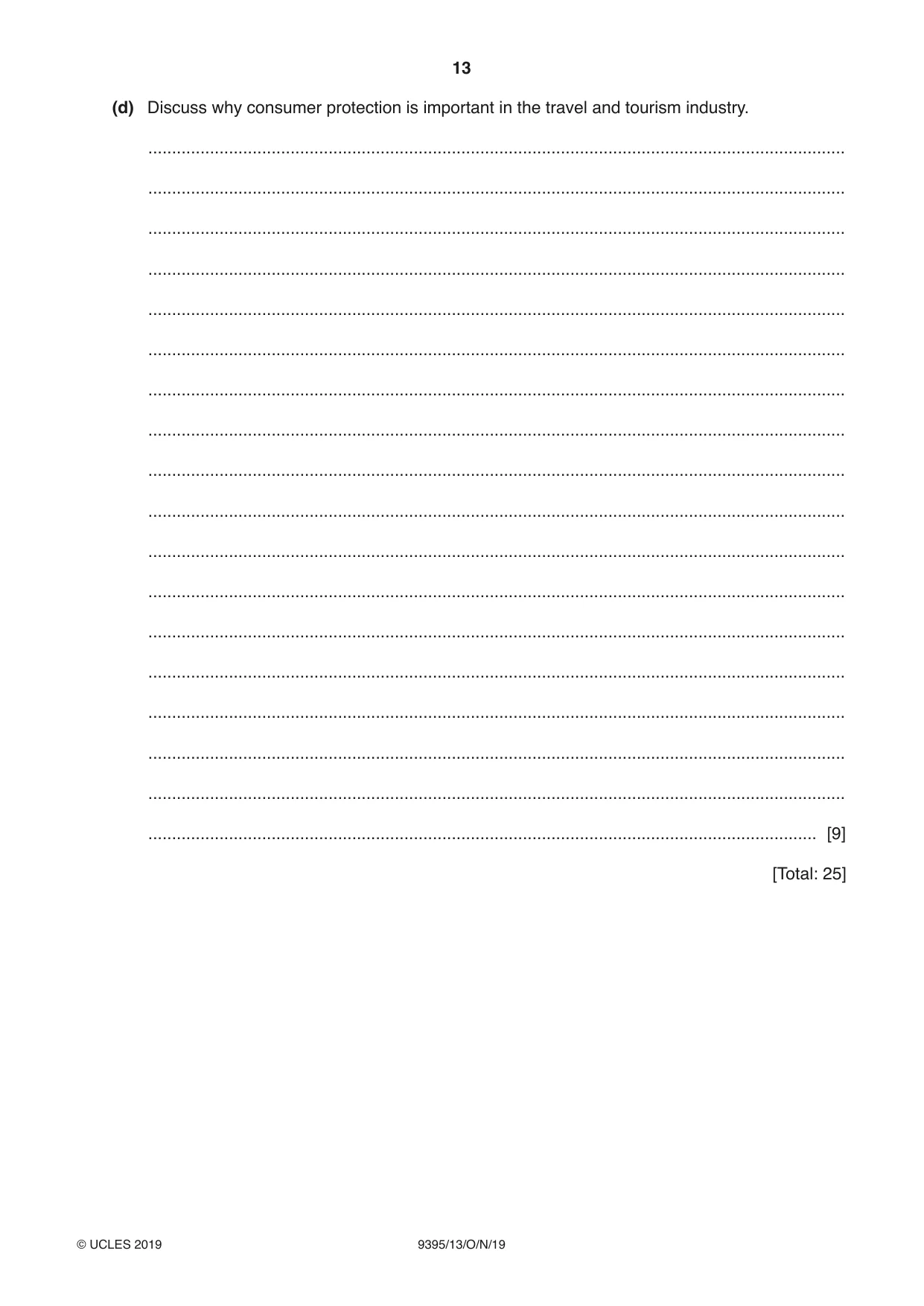 Cambridge A Level Travel and Tourism 9395 2019 Oct/Nov Paper 1 · Variant 3 question paper, page 13 of 16