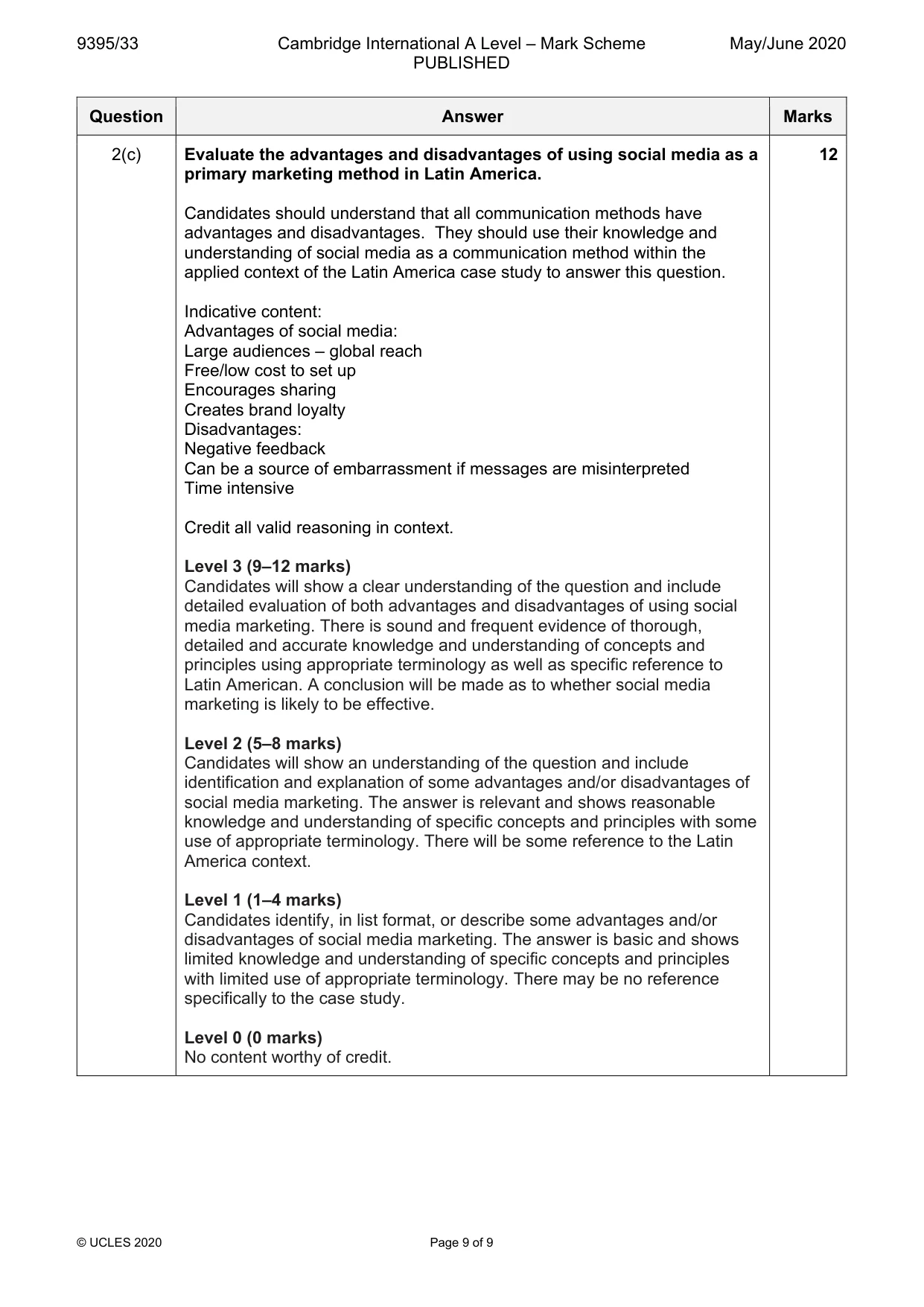 Mark scheme, page 9 of 9