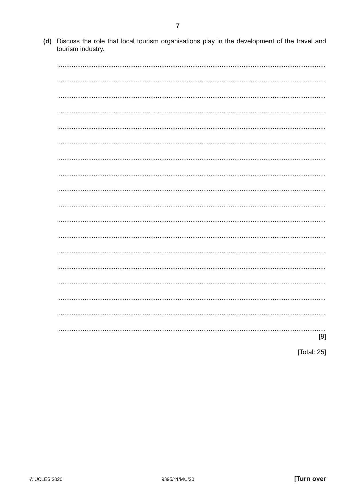 Cambridge A Level Travel and Tourism 9395 2020 May/June Paper 1 · Variant 1 question paper, page 7 of 16