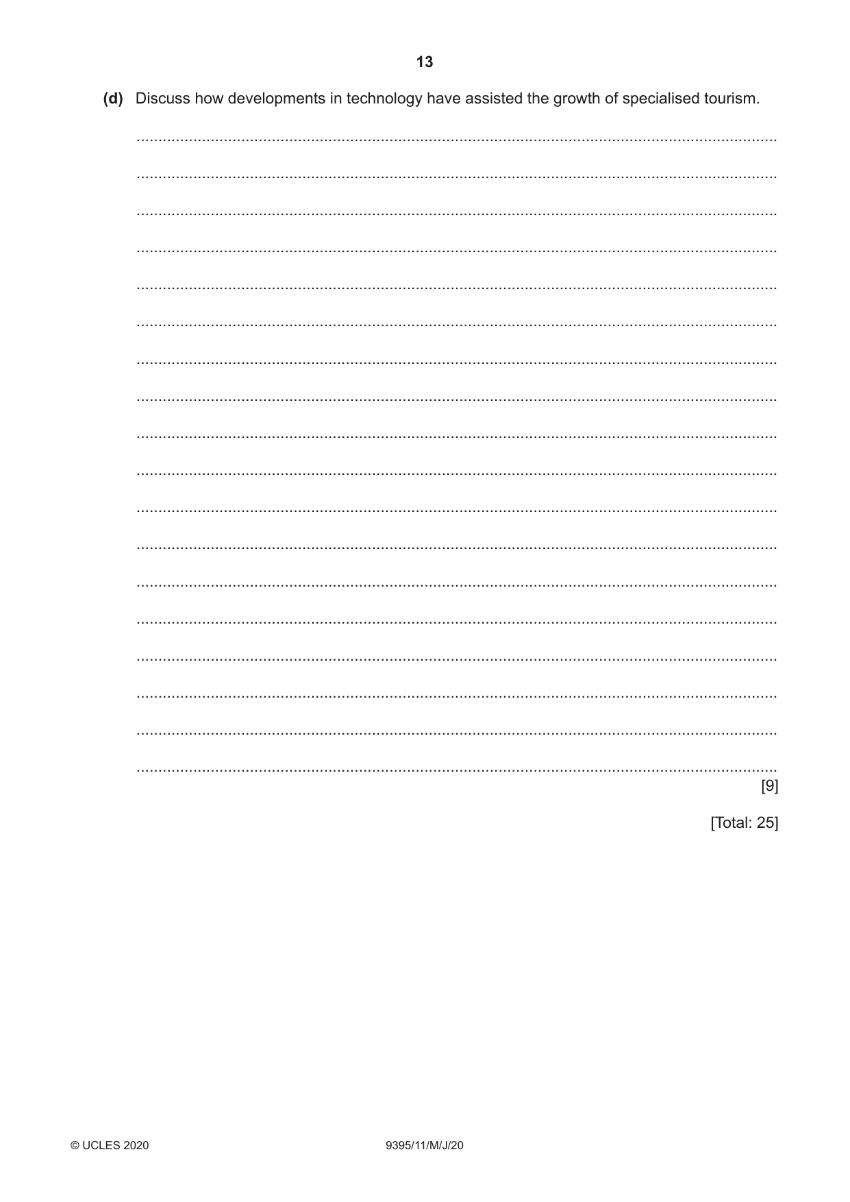 Cambridge A Level Travel and Tourism 9395 2020 May/June Paper 1 · Variant 1 question paper, page 13 of 16