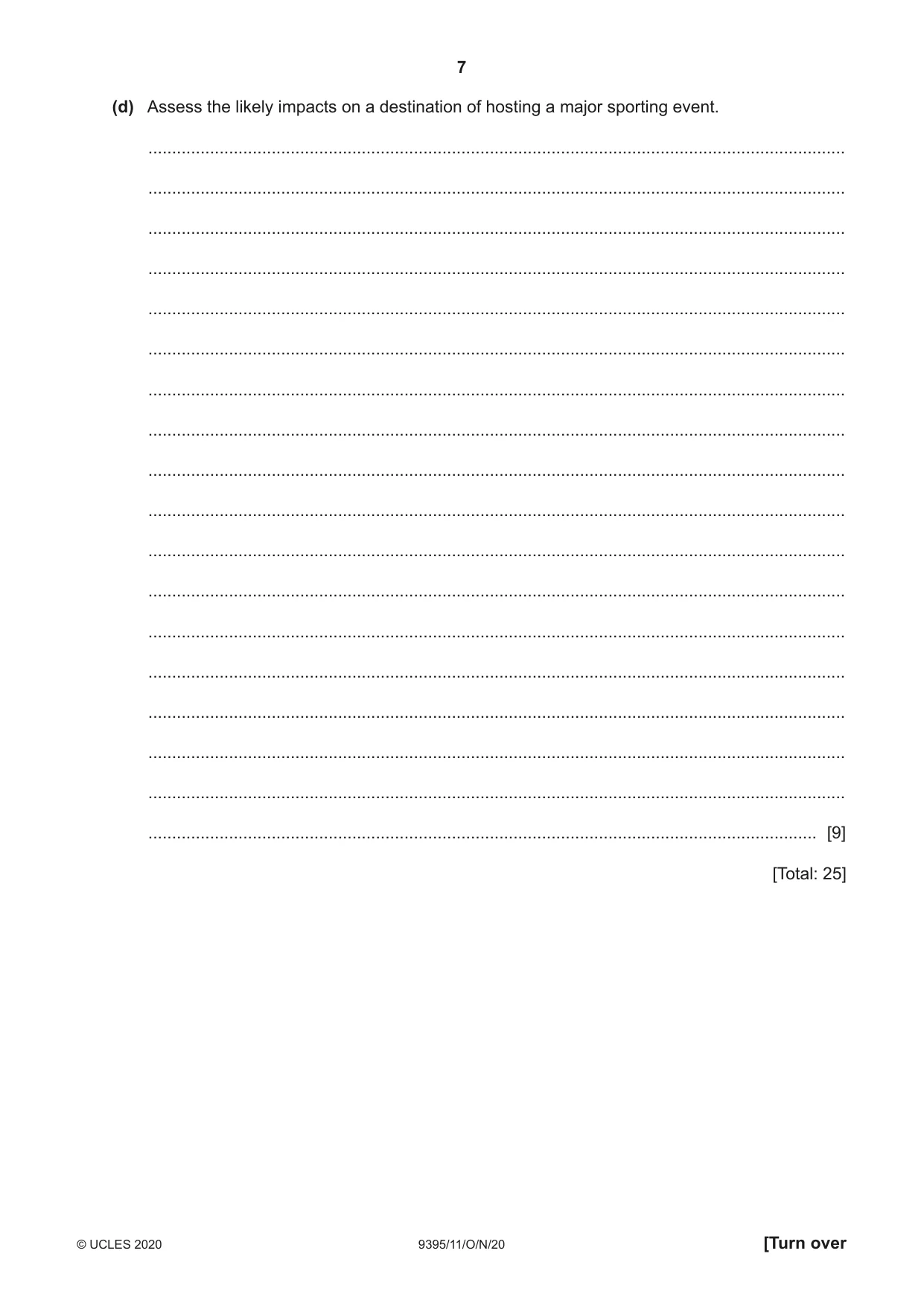 Cambridge A Level Travel and Tourism 9395 2020 Oct/Nov Paper 1 · Variant 1 question paper, page 7 of 16