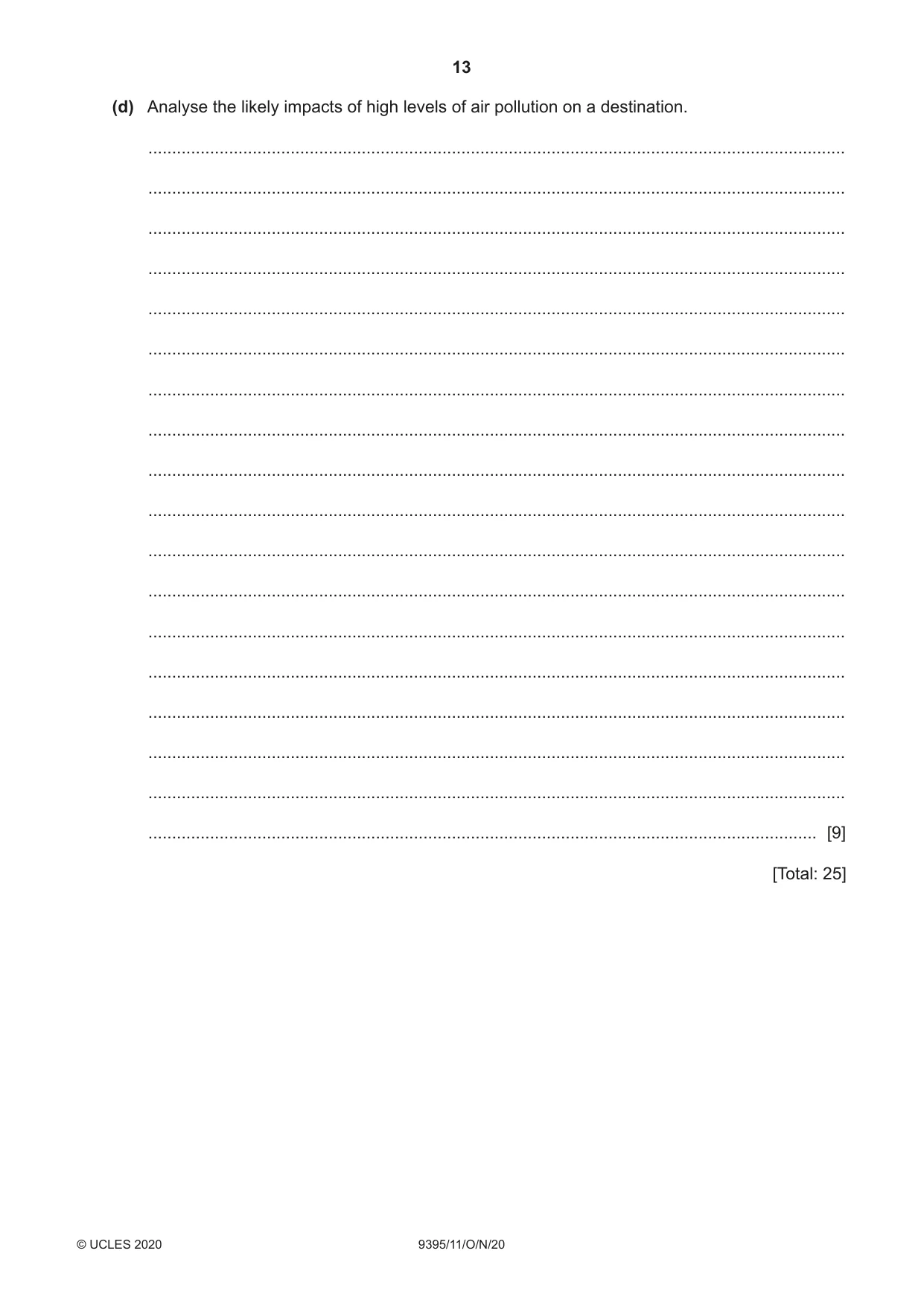 Cambridge A Level Travel and Tourism 9395 2020 Oct/Nov Paper 1 · Variant 1 question paper, page 13 of 16