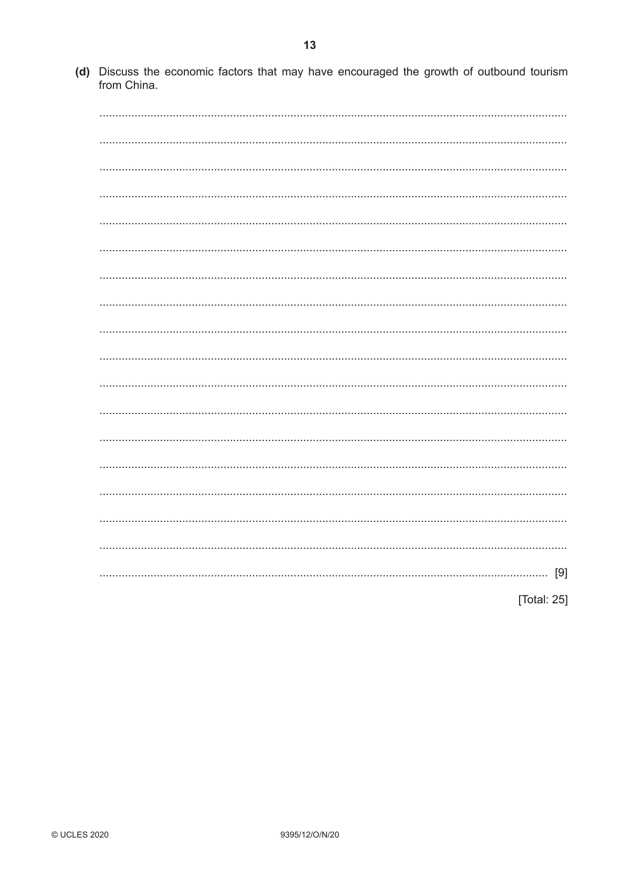 Cambridge A Level Travel and Tourism 9395 2020 Oct/Nov Paper 1 · Variant 2 question paper, page 13 of 16