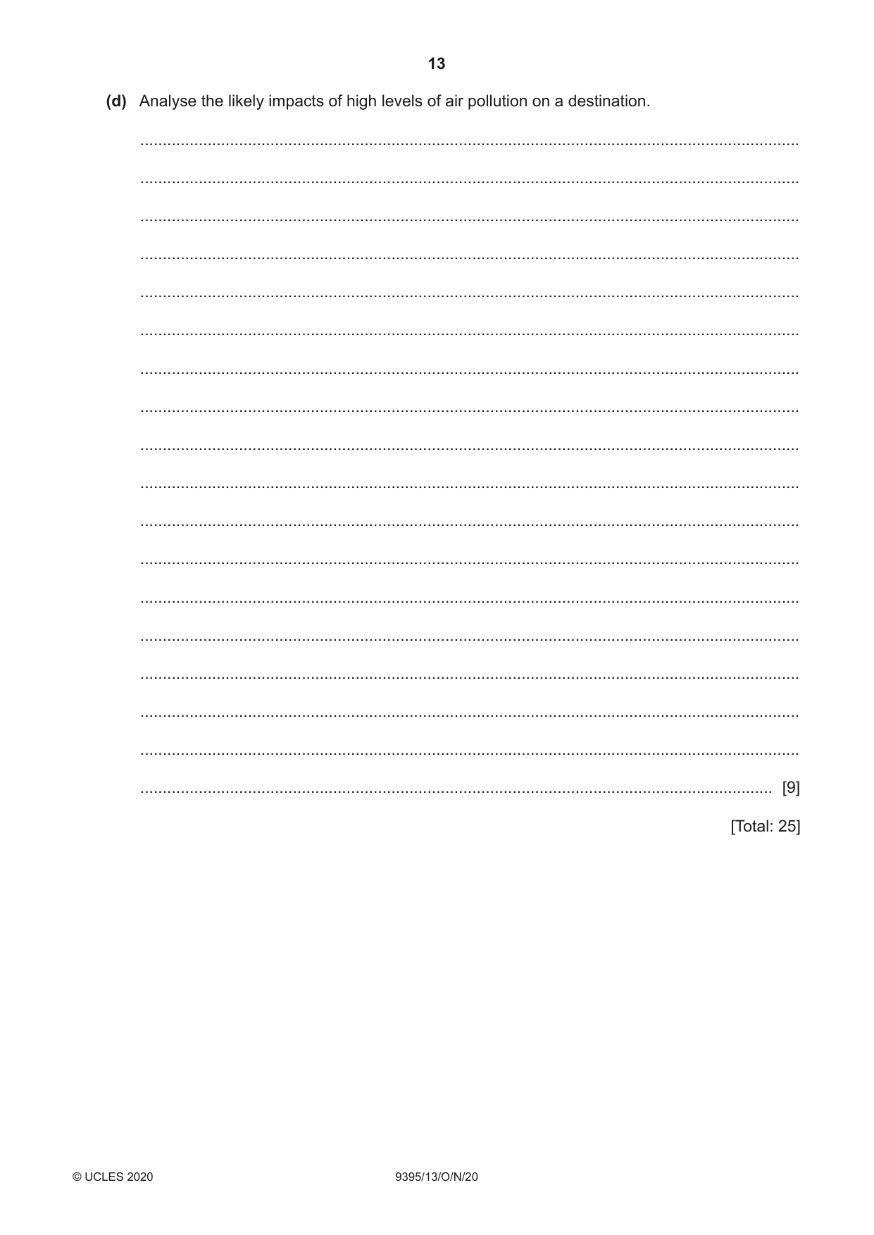 Cambridge A Level Travel and Tourism 9395 2020 Oct/Nov Paper 1 · Variant 3 question paper, page 13 of 16