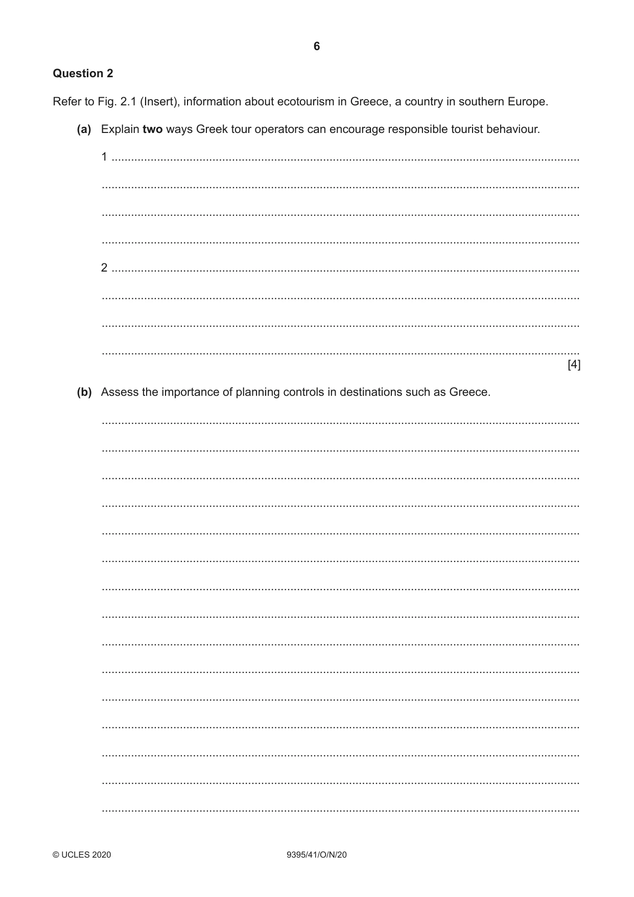 Cambridge A Level Travel and Tourism 9395 2020 Oct/Nov Paper 4 · Variant 1 question paper, page 6 of 12
