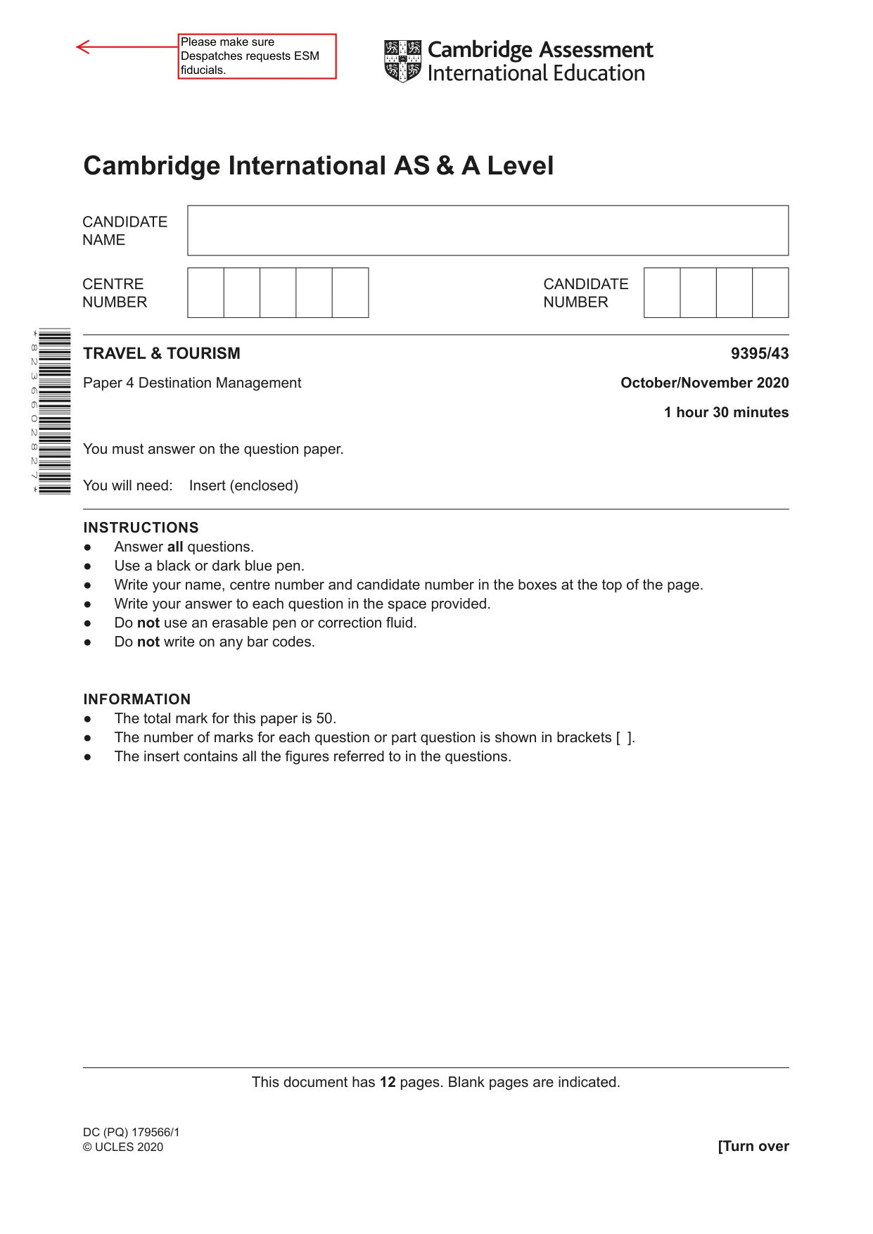 Cambridge A Level Travel and Tourism 9395 2020 Oct/Nov Paper 4 · Variant 3 question paper, page 1 of 12