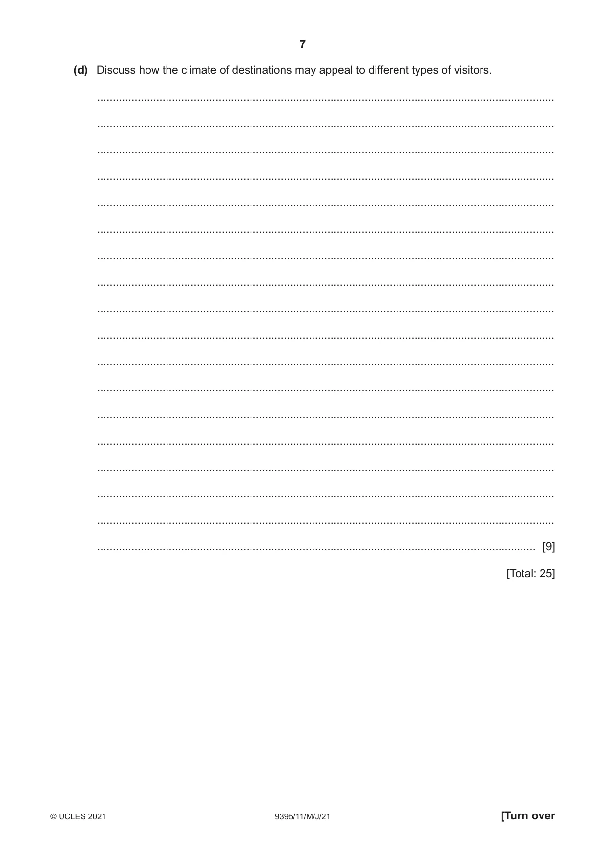 Cambridge A Level Travel and Tourism 9395 2021 May/June Paper 1 · Variant 1 question paper, page 7 of 16
