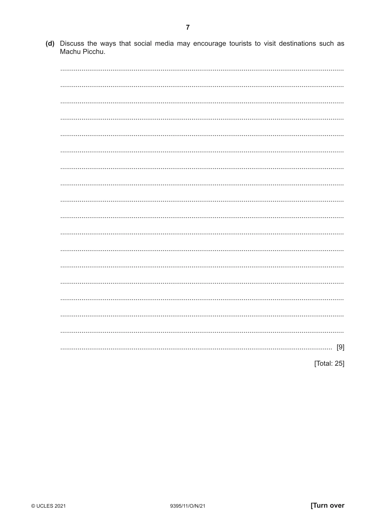 Cambridge A Level Travel and Tourism 9395 2021 Oct/Nov Paper 1 · Variant 1 question paper, page 7 of 16