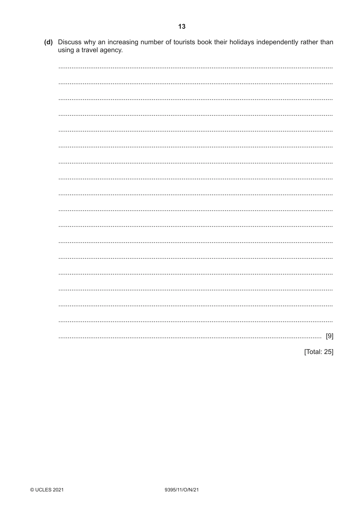 Cambridge A Level Travel and Tourism 9395 2021 Oct/Nov Paper 1 · Variant 1 question paper, page 13 of 16