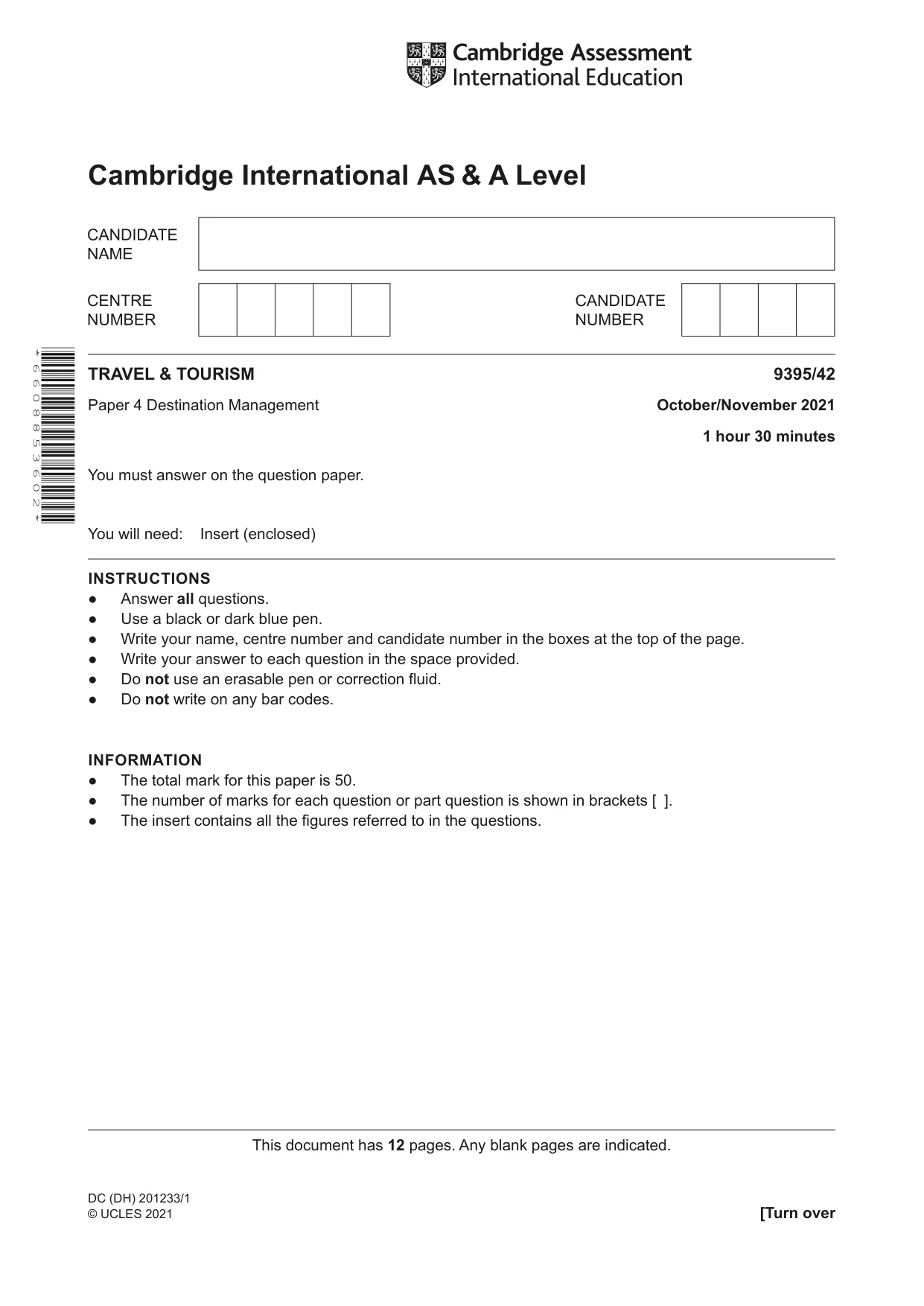 Cambridge A Level Travel and Tourism 9395 2021 Oct/Nov Paper 4 · Variant 2 question paper, page 1 of 12