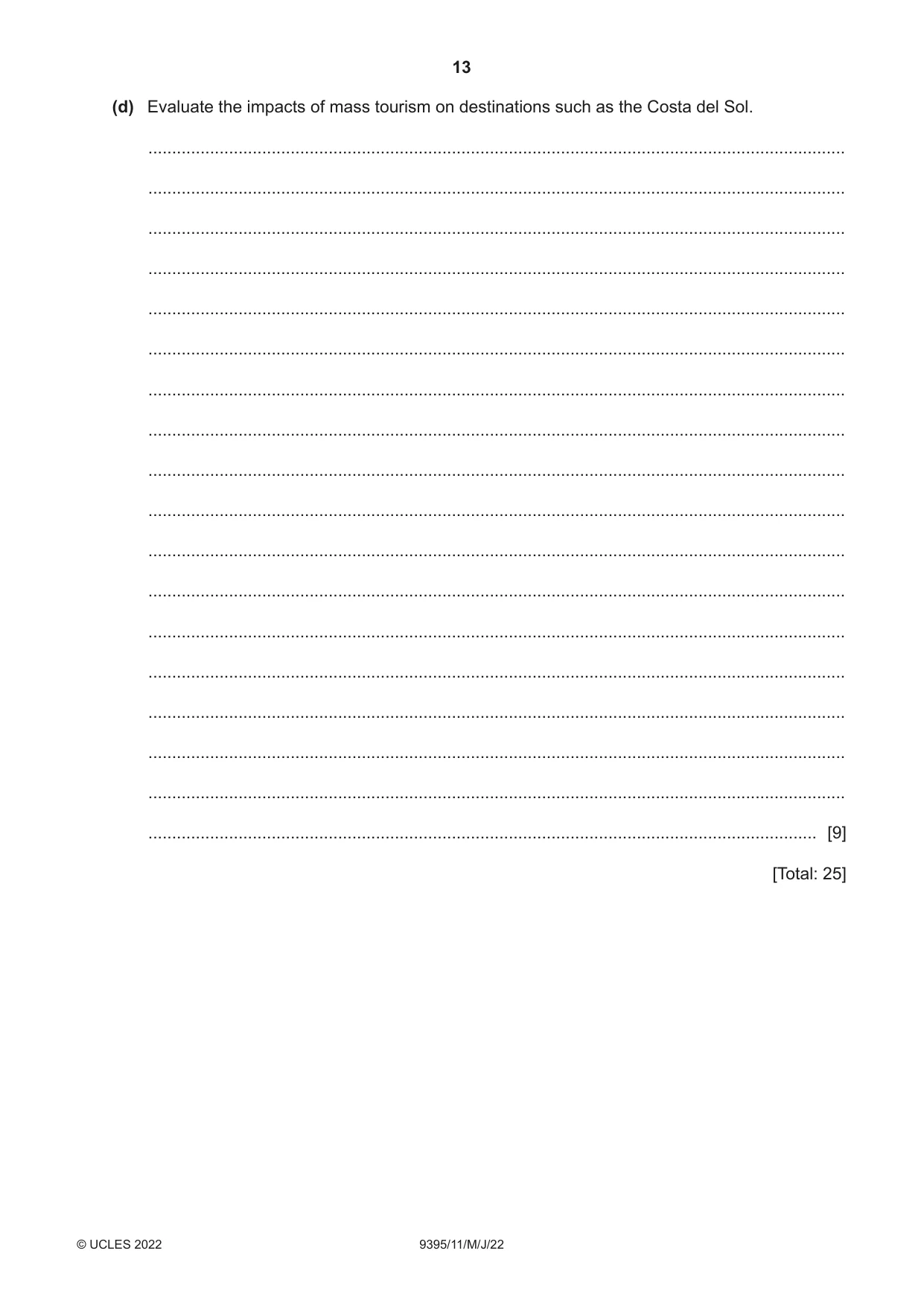 Cambridge A Level Travel and Tourism 9395 2022 May/June Paper 1 · Variant 1 question paper, page 13 of 16