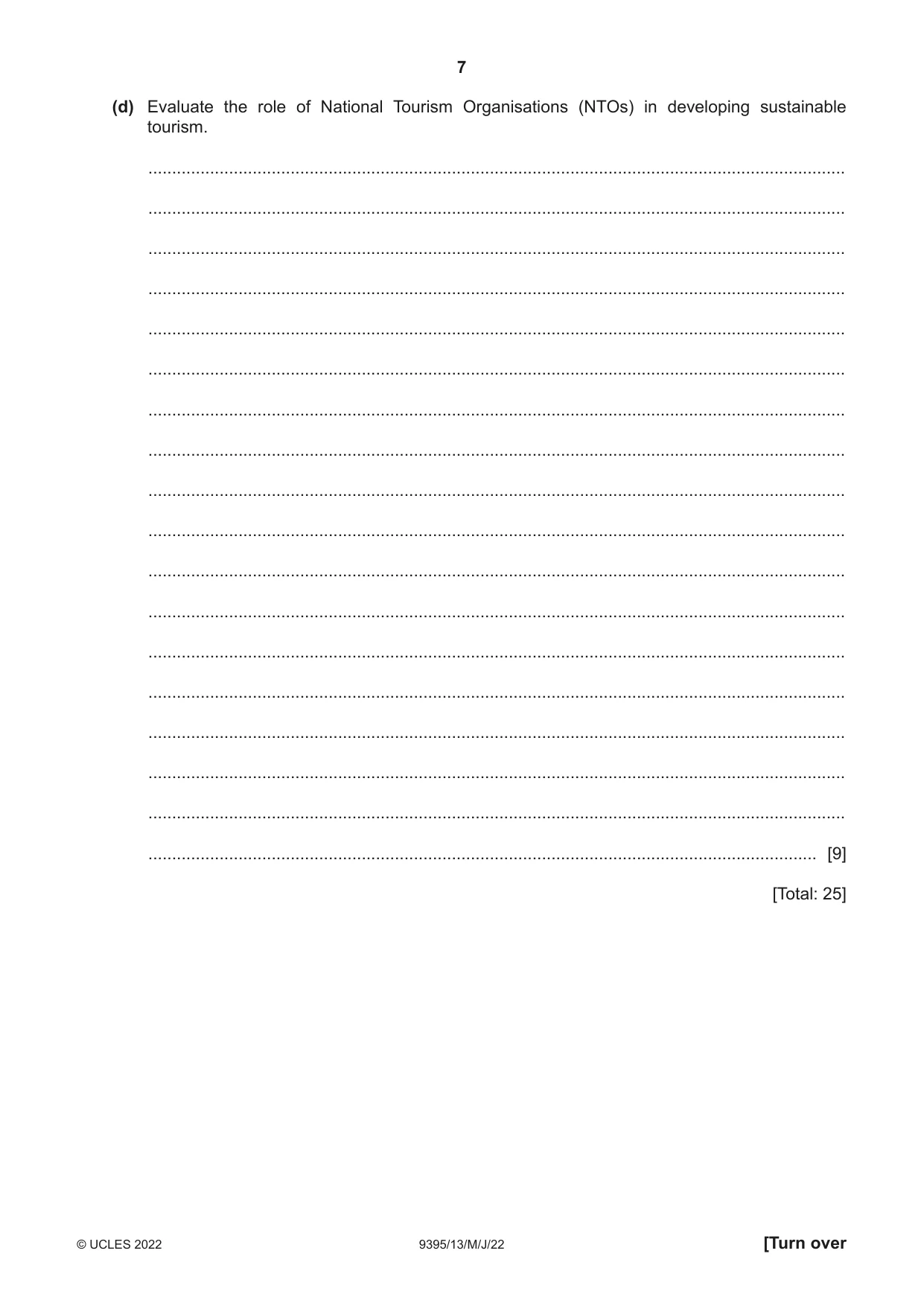 Cambridge A Level Travel and Tourism 9395 2022 May/June Paper 1 · Variant 3 question paper, page 7 of 16