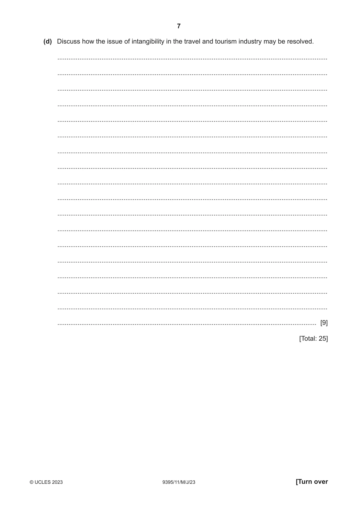 Cambridge A Level Travel and Tourism 9395 2023 May/June Paper 1 · Variant 1 question paper, page 7 of 16