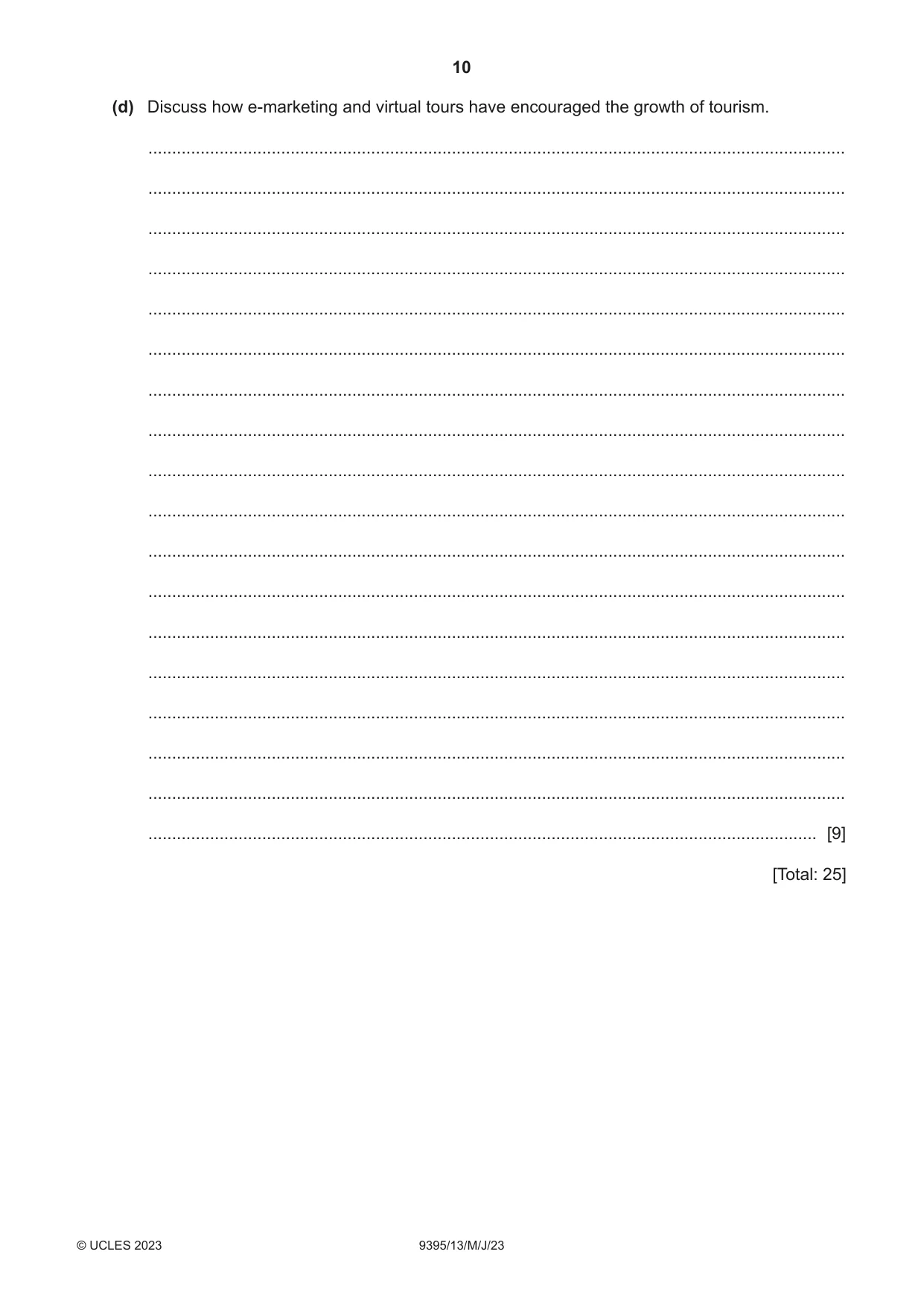 Cambridge A Level Travel and Tourism 9395 2023 May/June Paper 1 · Variant 3 question paper, page 10 of 16