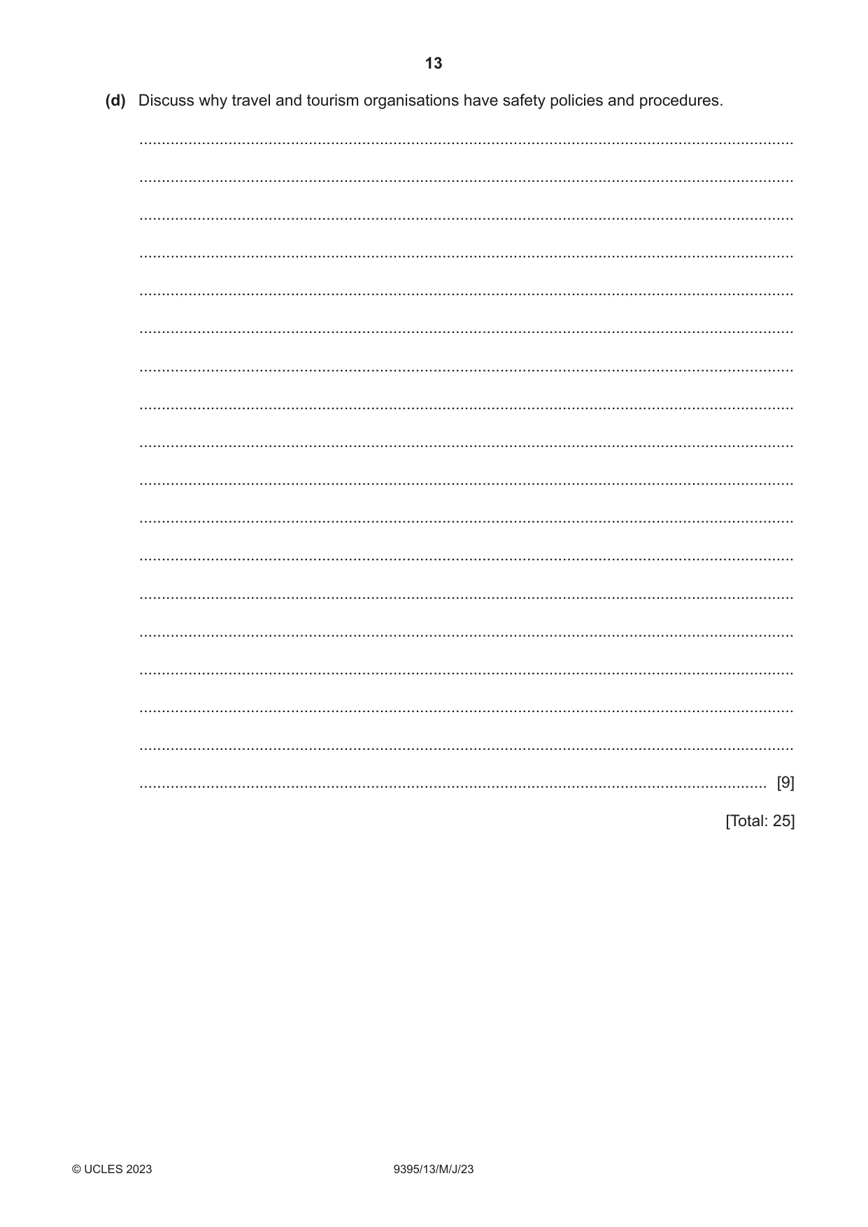 Cambridge A Level Travel and Tourism 9395 2023 May/June Paper 1 · Variant 3 question paper, page 13 of 16