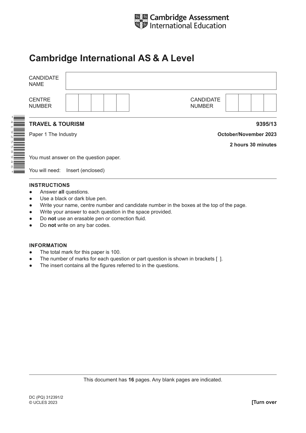 Cambridge A Level Travel and Tourism 9395 2023 Oct/Nov Paper 1 · Variant 3 question paper, page 1 of 16