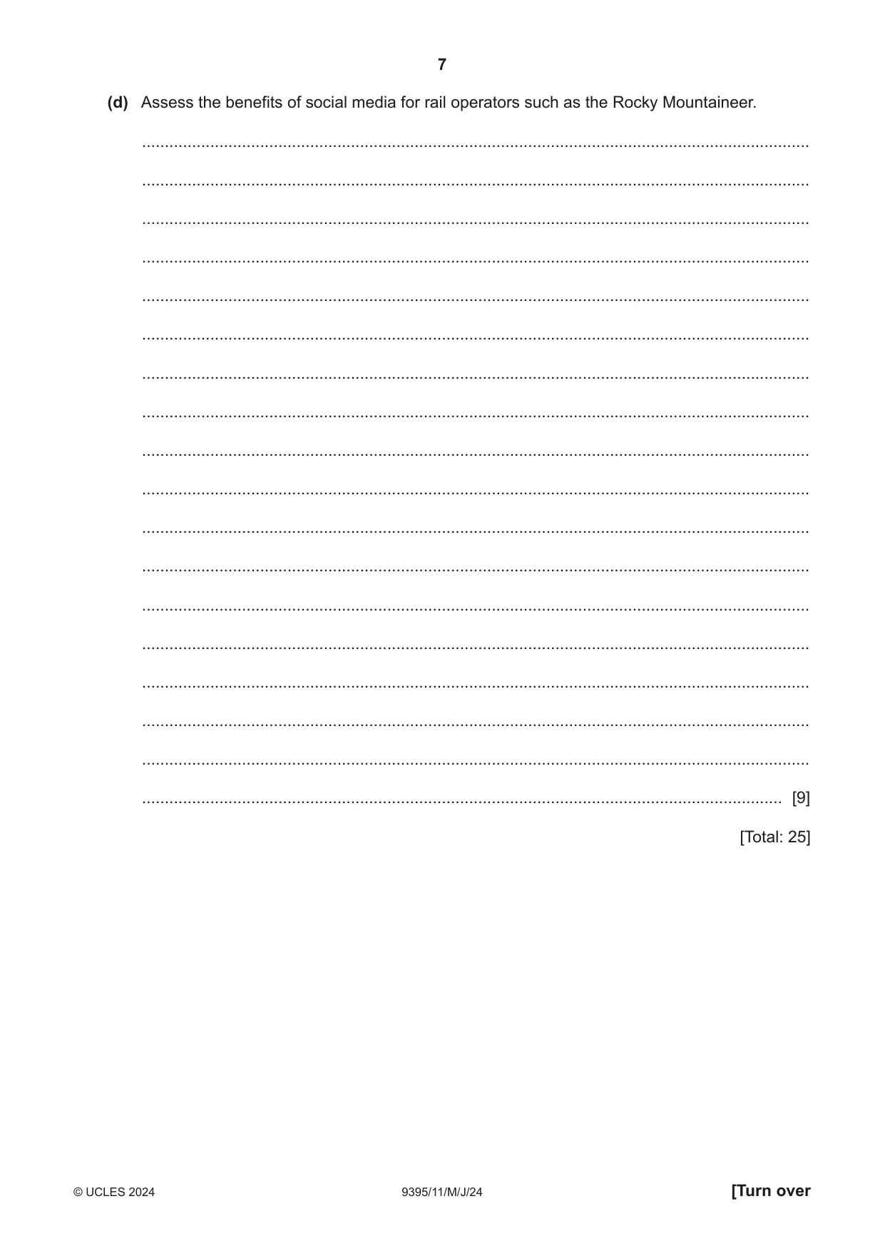 Cambridge A Level Travel and Tourism 9395 2024 May/June Paper 1 · Variant 1 question paper, page 7 of 12