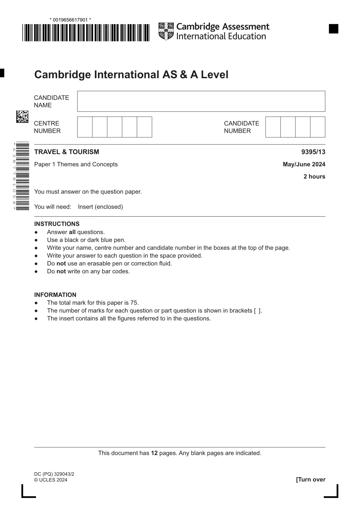 Cambridge A Level Travel and Tourism 9395 2024 May/June Paper 1 · Variant 3 question paper, page 1 of 12