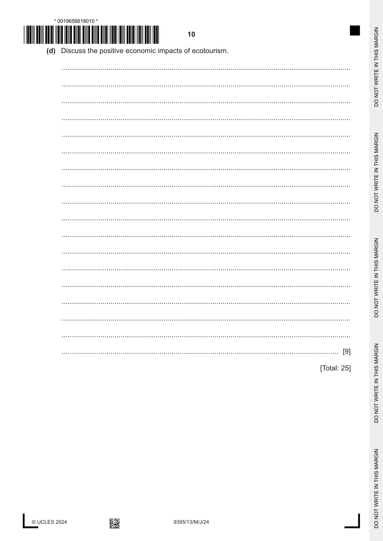 Cambridge A Level Travel and Tourism 9395 2024 May/June Paper 1 · Variant 3 question paper, page 10 of 12
