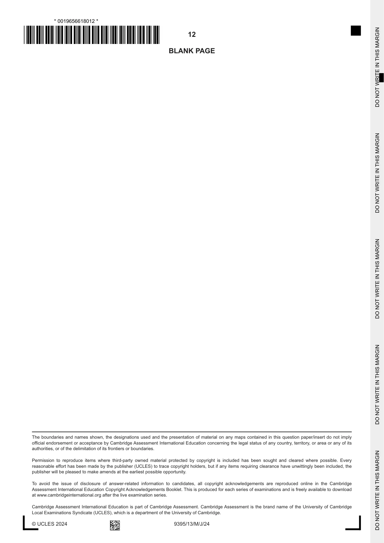Cambridge A Level Travel and Tourism 9395 2024 May/June Paper 1 · Variant 3 question paper, page 12 of 12