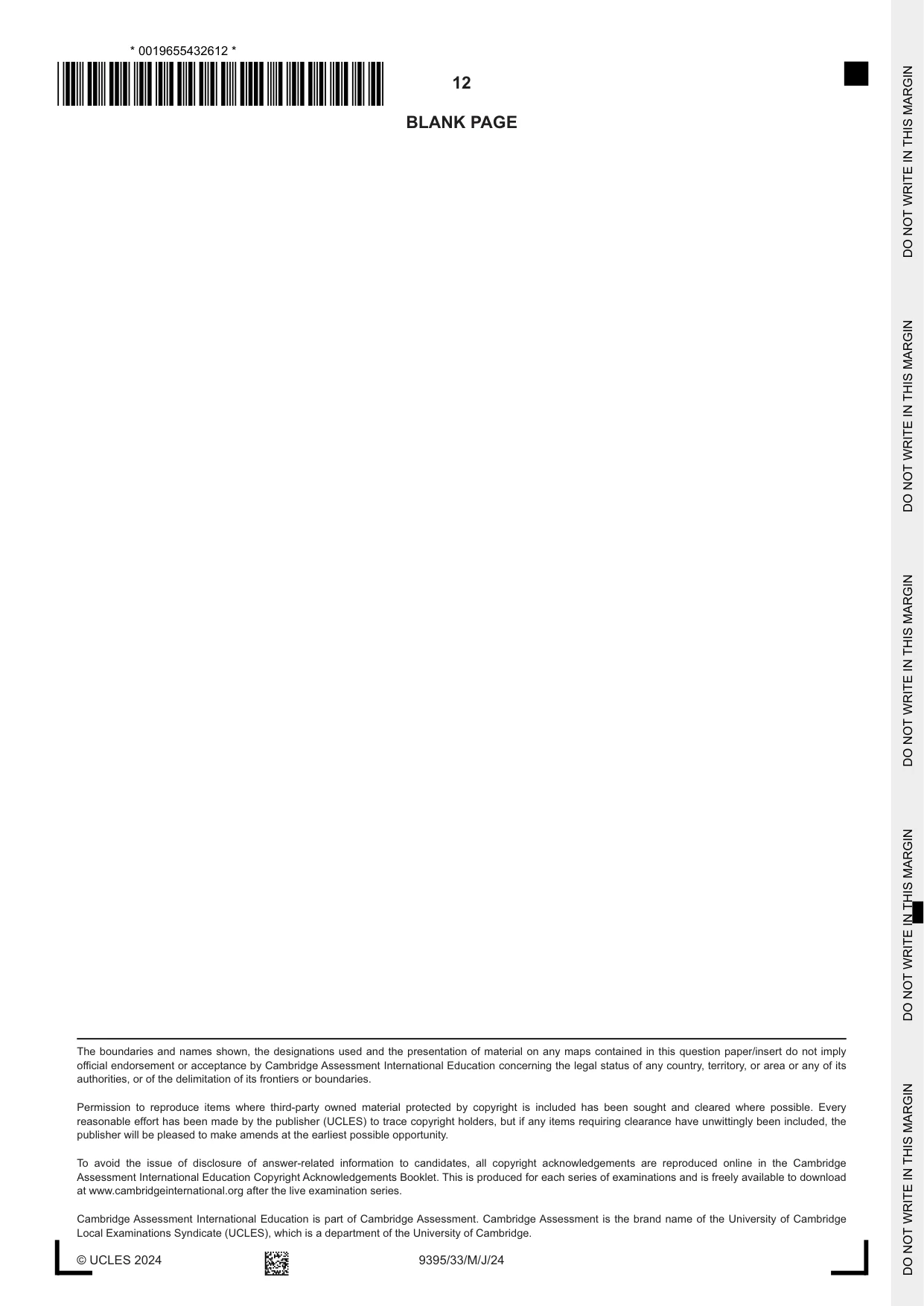 Cambridge A Level Travel and Tourism 9395 2024 May/June Paper 3 · Variant 3 question paper, page 12 of 12