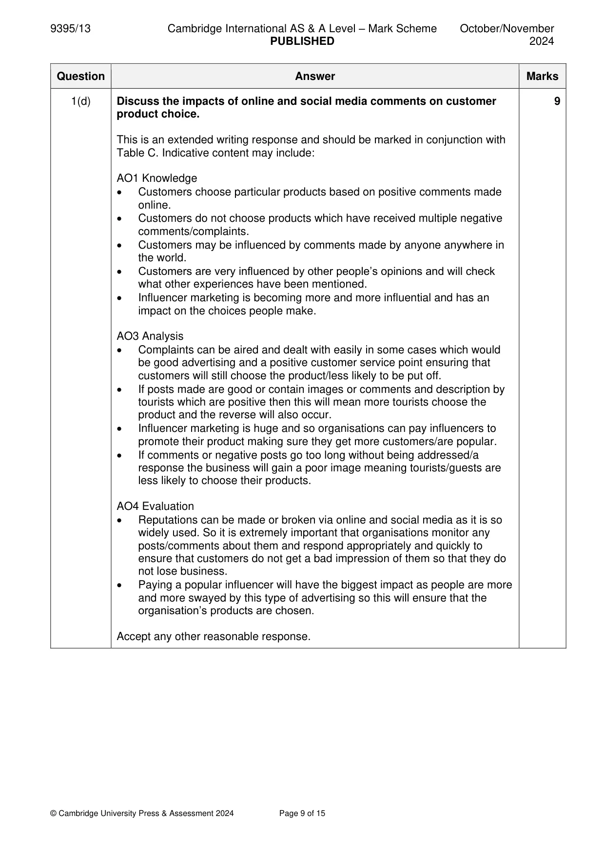 Mark scheme, page 9 of 15