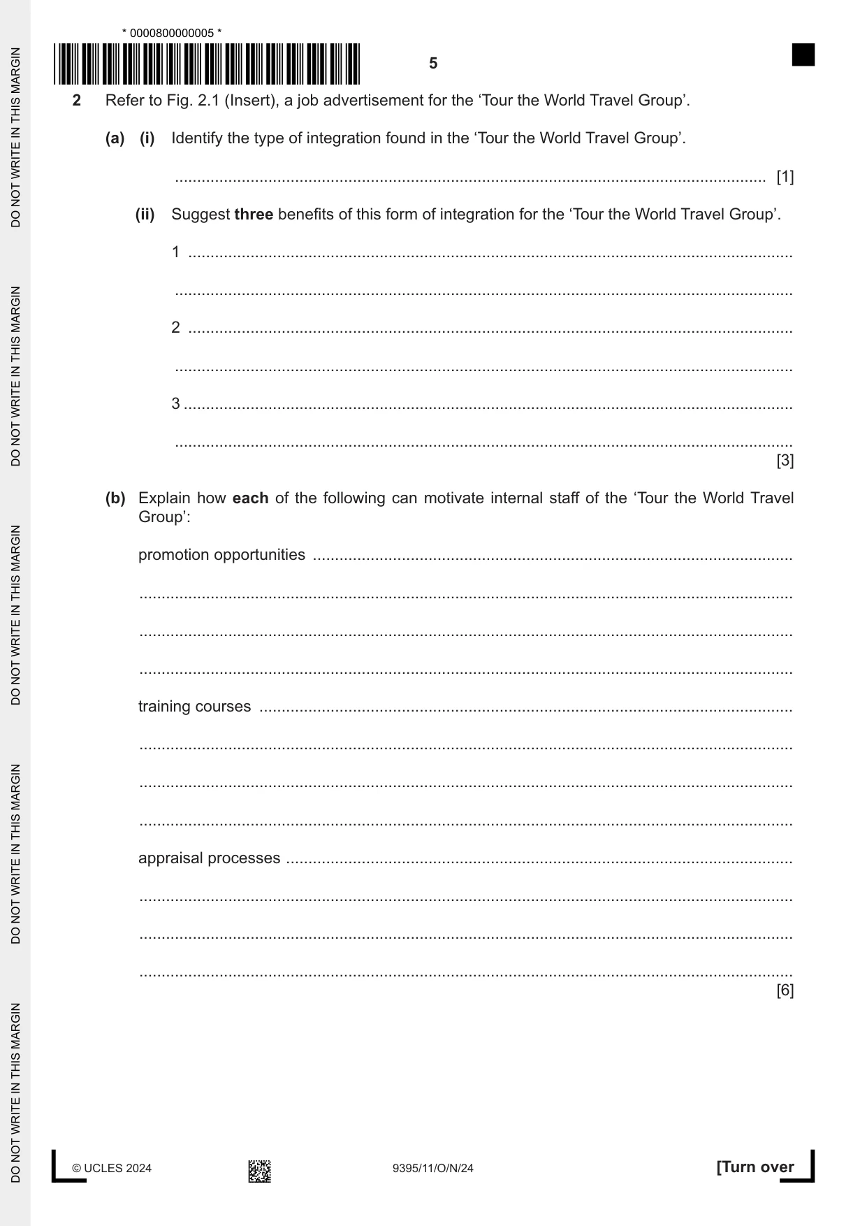 Cambridge A Level Travel and Tourism 9395 2024 Oct/Nov Paper 1 · Variant 1 question paper, page 5 of 12