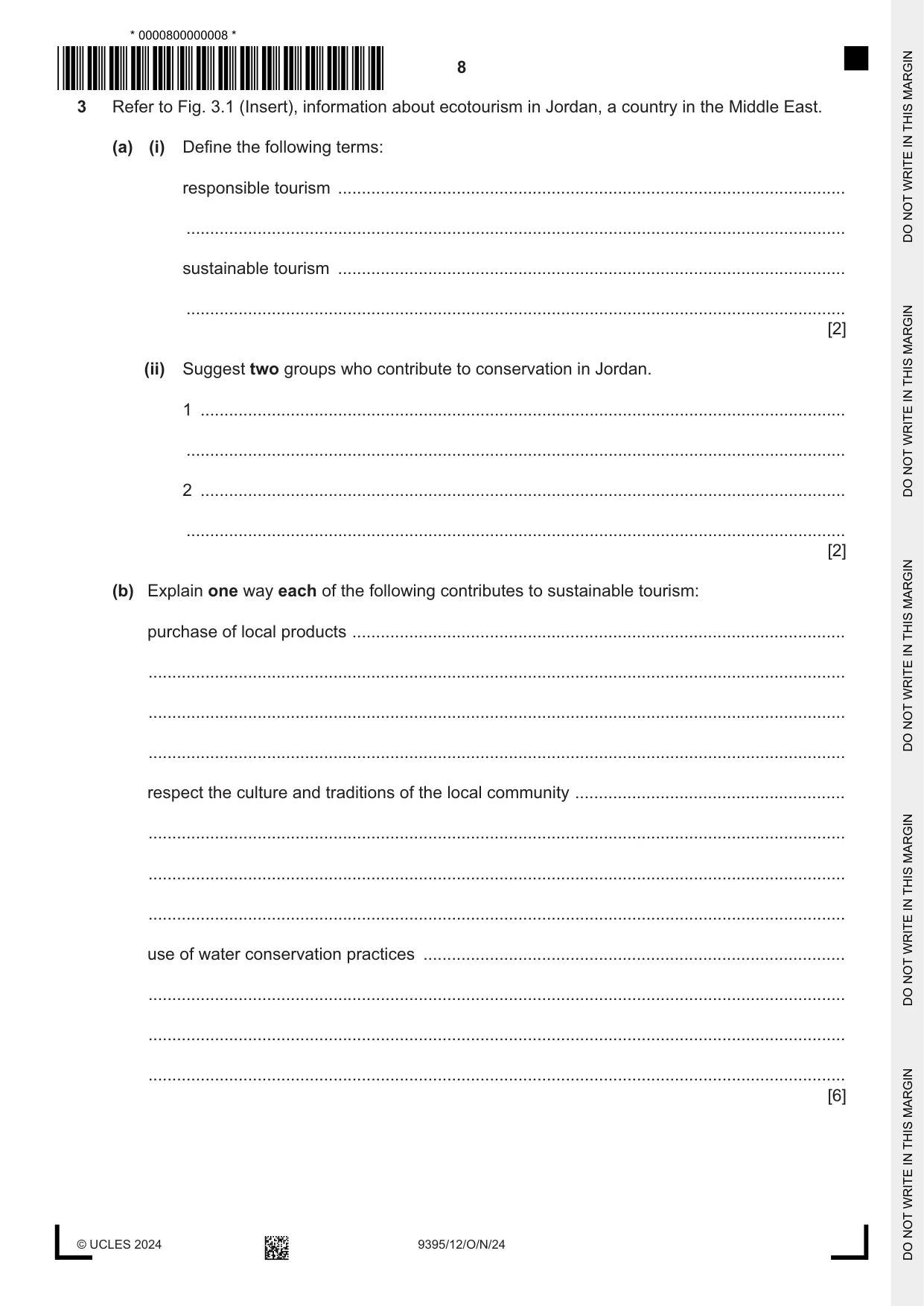 Cambridge A Level Travel and Tourism 9395 2024 Oct/Nov Paper 1 · Variant 2 question paper, page 8 of 12
