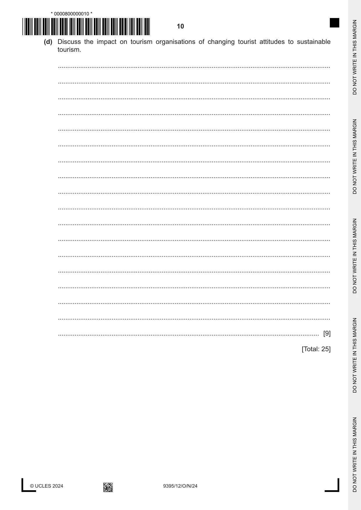 Cambridge A Level Travel and Tourism 9395 2024 Oct/Nov Paper 1 · Variant 2 question paper, page 10 of 12