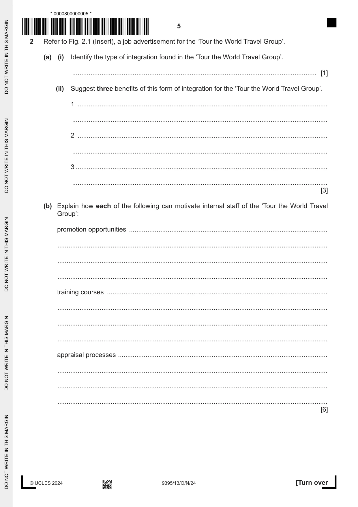 Cambridge A Level Travel and Tourism 9395 2024 Oct/Nov Paper 1 · Variant 3 question paper, page 5 of 12
