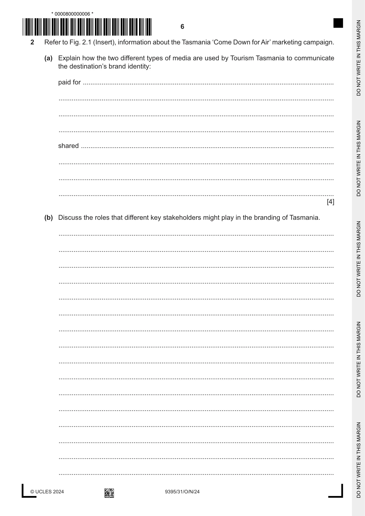 Cambridge A Level Travel and Tourism 9395 2024 Oct/Nov Paper 3 · Variant 1 question paper, page 6 of 12