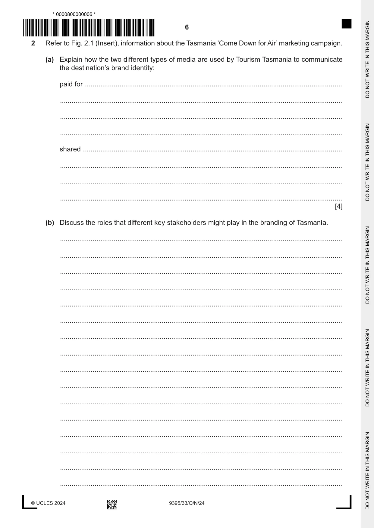 Cambridge A Level Travel and Tourism 9395 2024 Oct/Nov Paper 3 · Variant 3 question paper, page 6 of 12